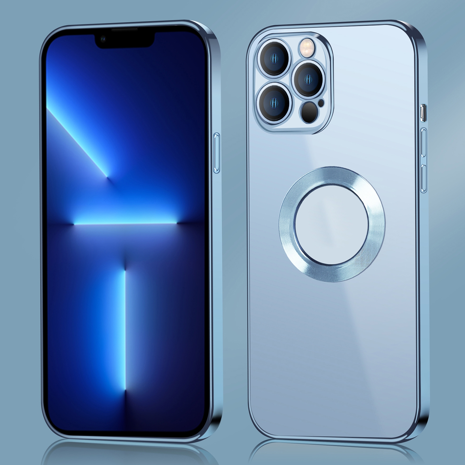 For iPhone 12 Pro 9D Electroplated Edge Metal Ring Clear PC + TPU Shockproof Case(Sierra Blue) - Shopkiz.com
