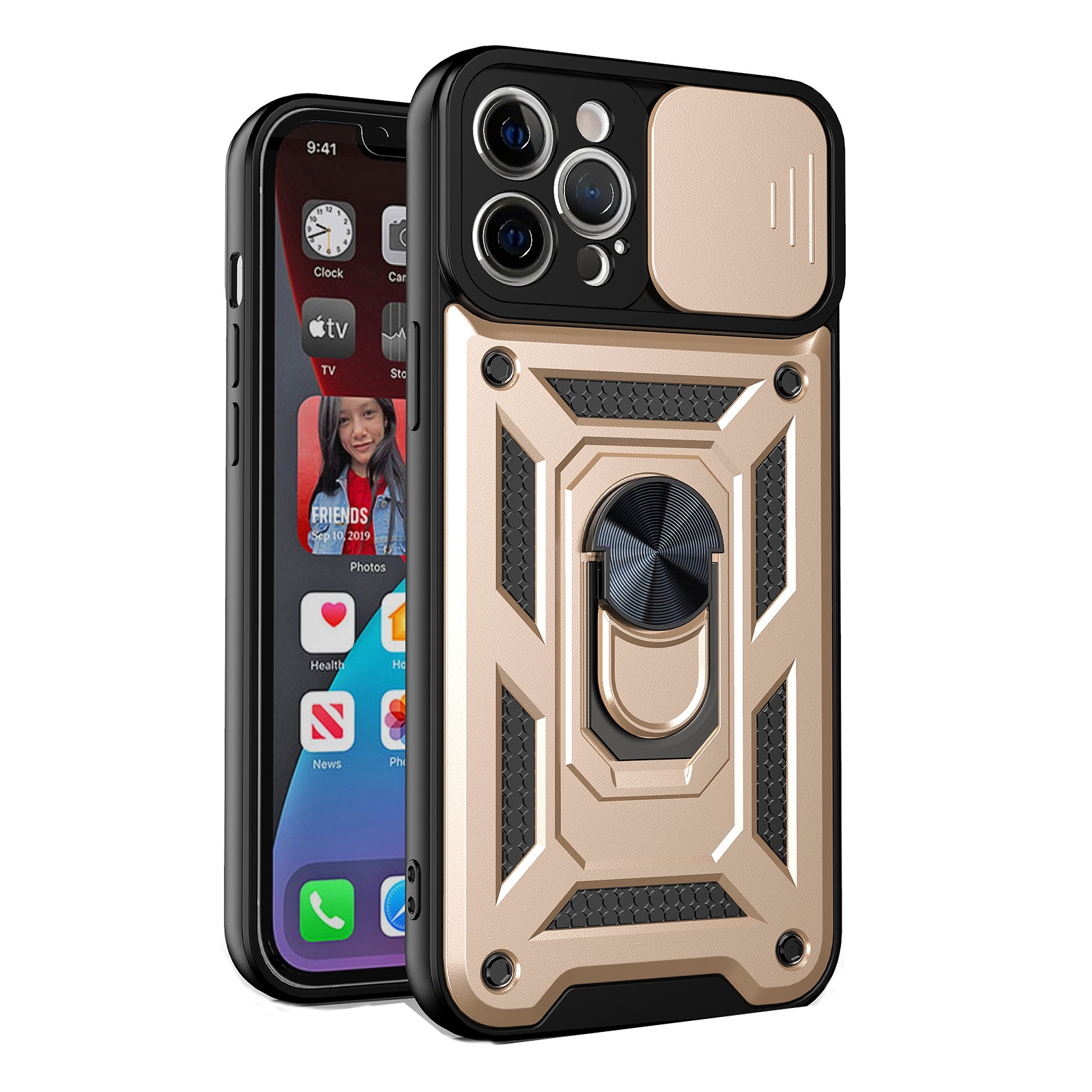For iPhone 13 Sliding Camera Cover Design Precise Hole TPU+PC Protective Case(Gold) - Shopkiz.com