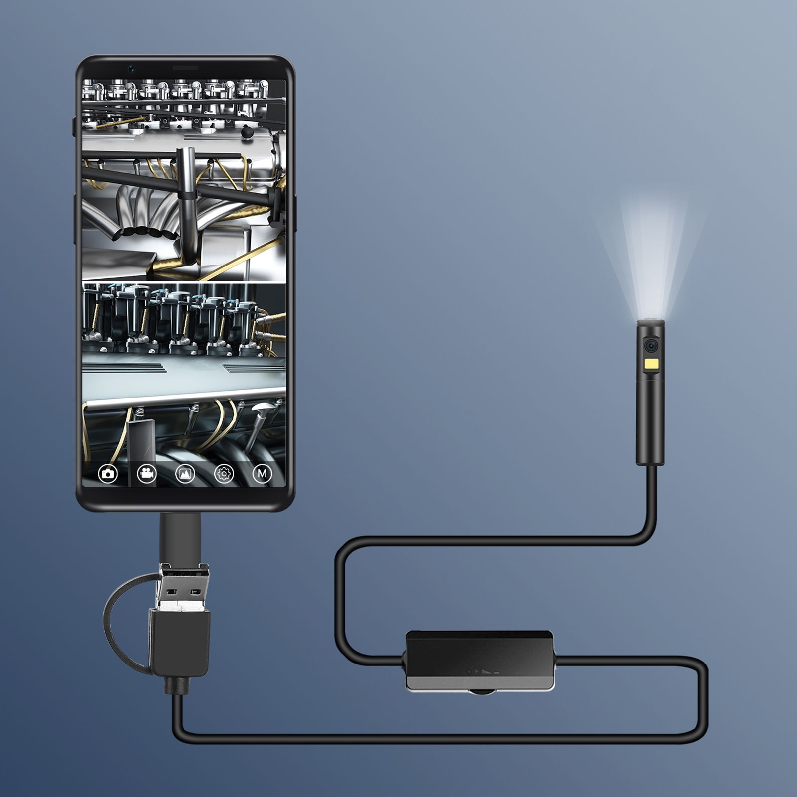 AN100 3 in 1 IP68 Waterproof USB-C / Type-C + Micro USB + USB Dual Cameras Industrial Digital Endoscope with 9 LEDs, Support Android System, Lens