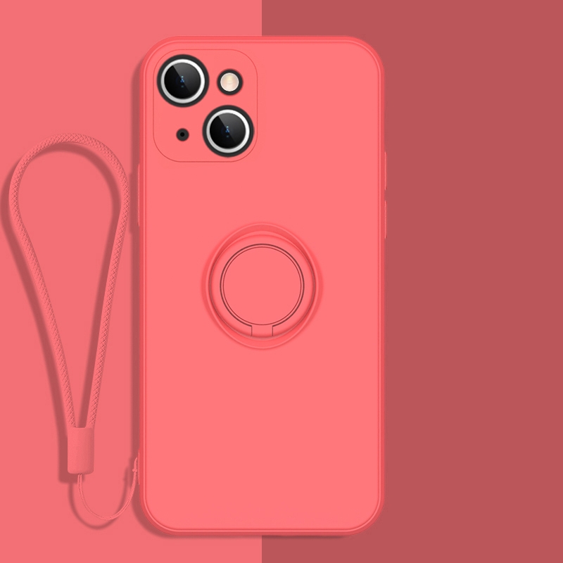 For iPhone 13 mini All-inclusive Liquid Silicone Phone Protective Case with Ring Holder & Lanyard (Camellia Red) - Shopkiz.com