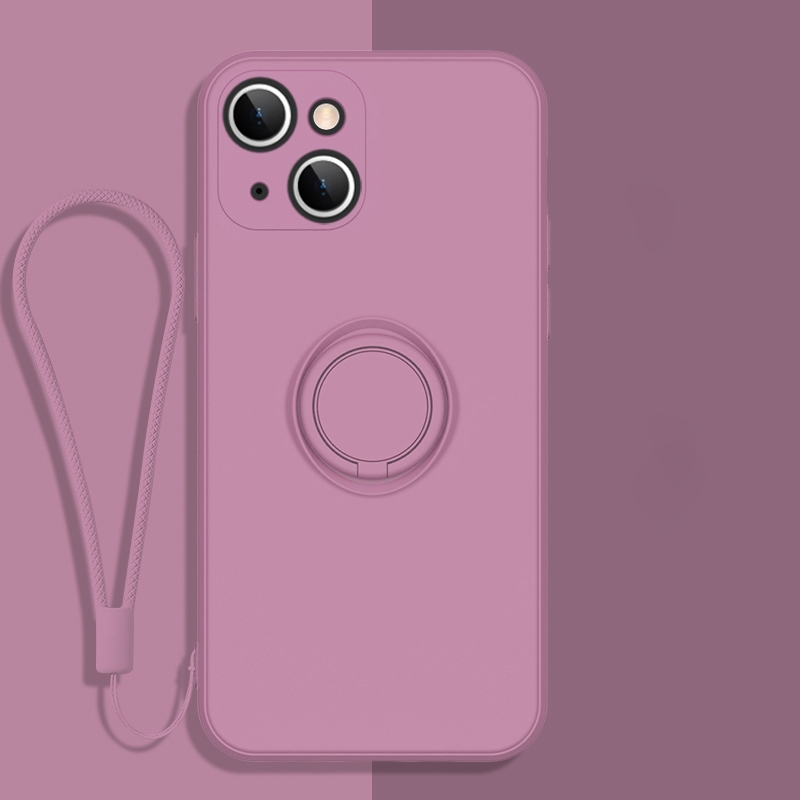 For iPhone 13 All-inclusive Liquid Silicone Phone Protective Case with Ring Holder & Lanyard(Cherry Blossom Purple) - Shopkiz.com