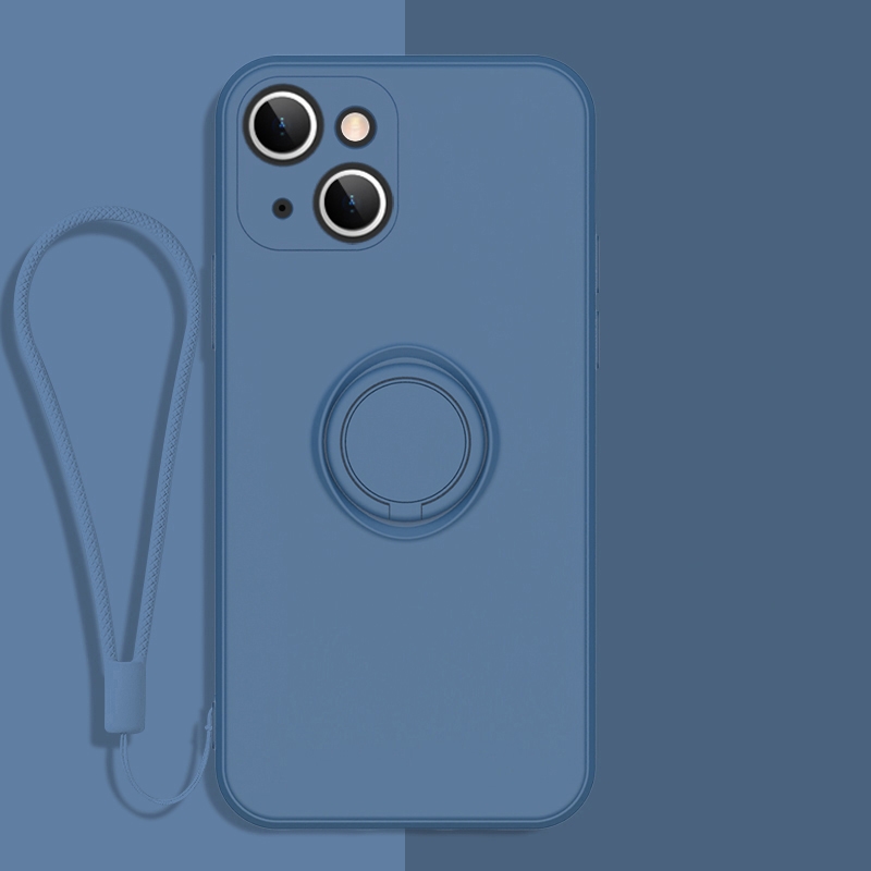 For iPhone 13 All-inclusive Liquid Silicone Phone Protective Case with Ring Holder & Lanyard(Navy Blue) - Shopkiz.com