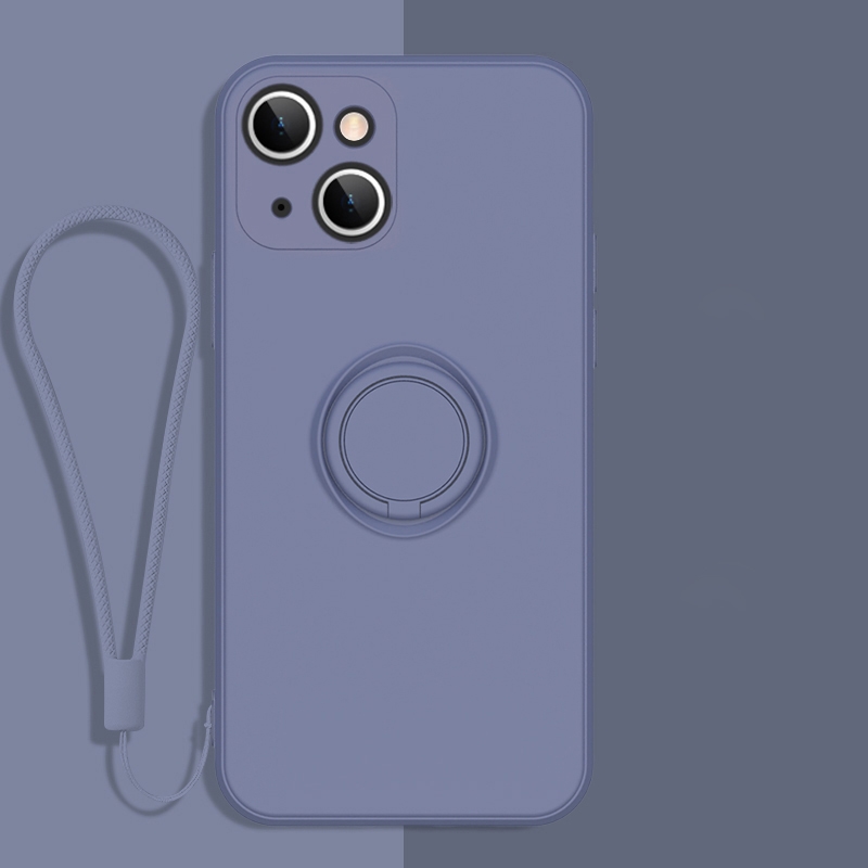 For iPhone 13 All-inclusive Liquid Silicone Phone Protective Case with Ring Holder & Lanyard(Lavender) - Shopkiz.com
