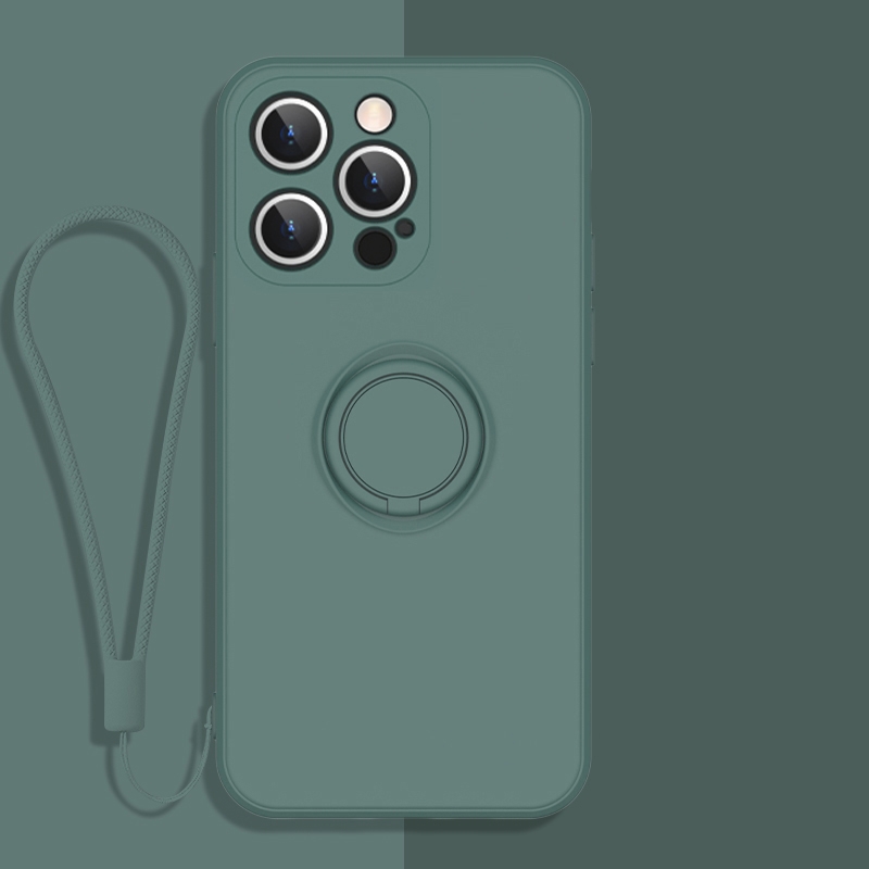 For iPhone 13 Pro Max All-inclusive Liquid Silicone Phone Protective Case with Ring Holder & Lanyard (Dark Night Green) - Shopkiz.com