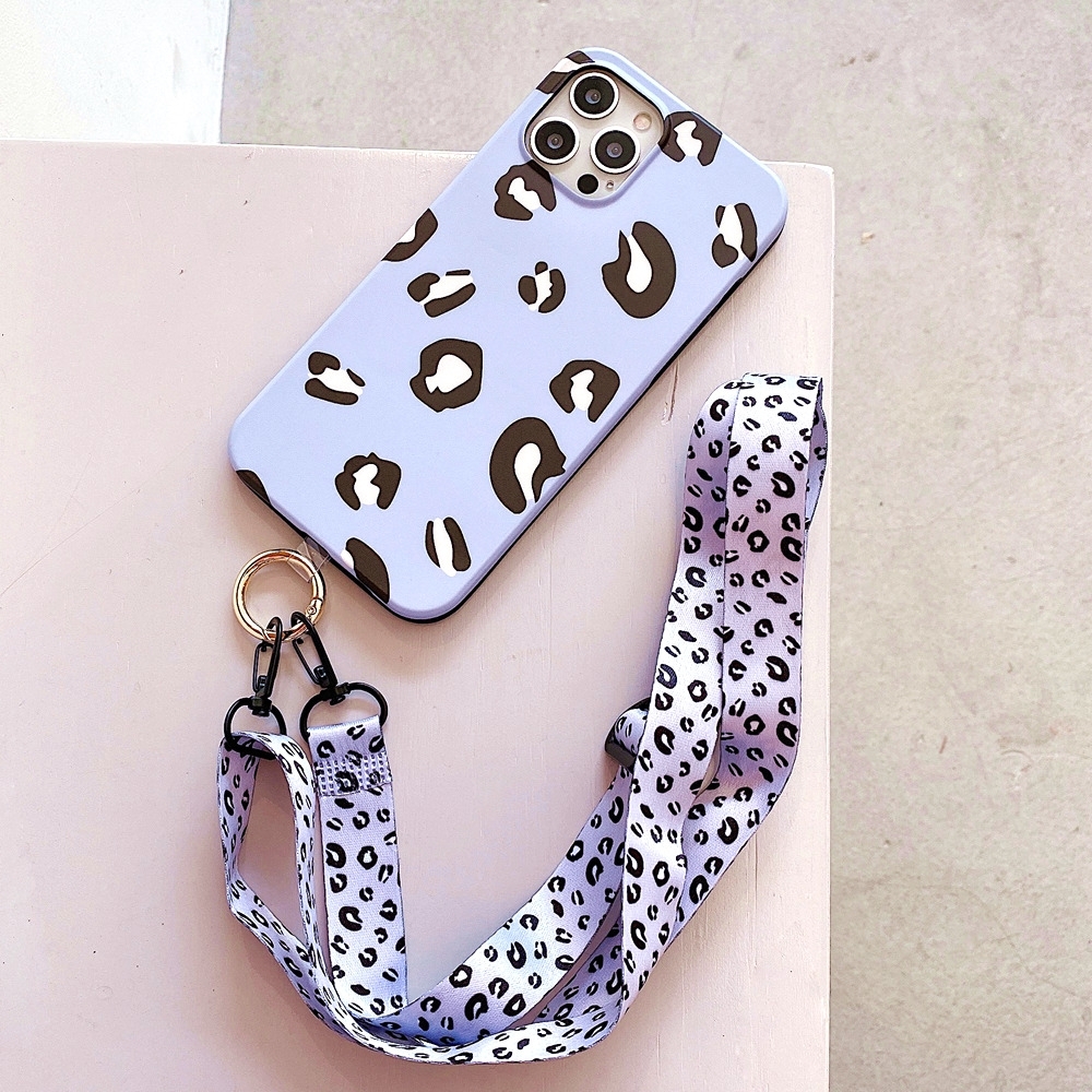 For iPhone 11 Leopard Print TPU Straight Edge Phone Case with Lanyard (Blue Purple) - Shopkiz.com