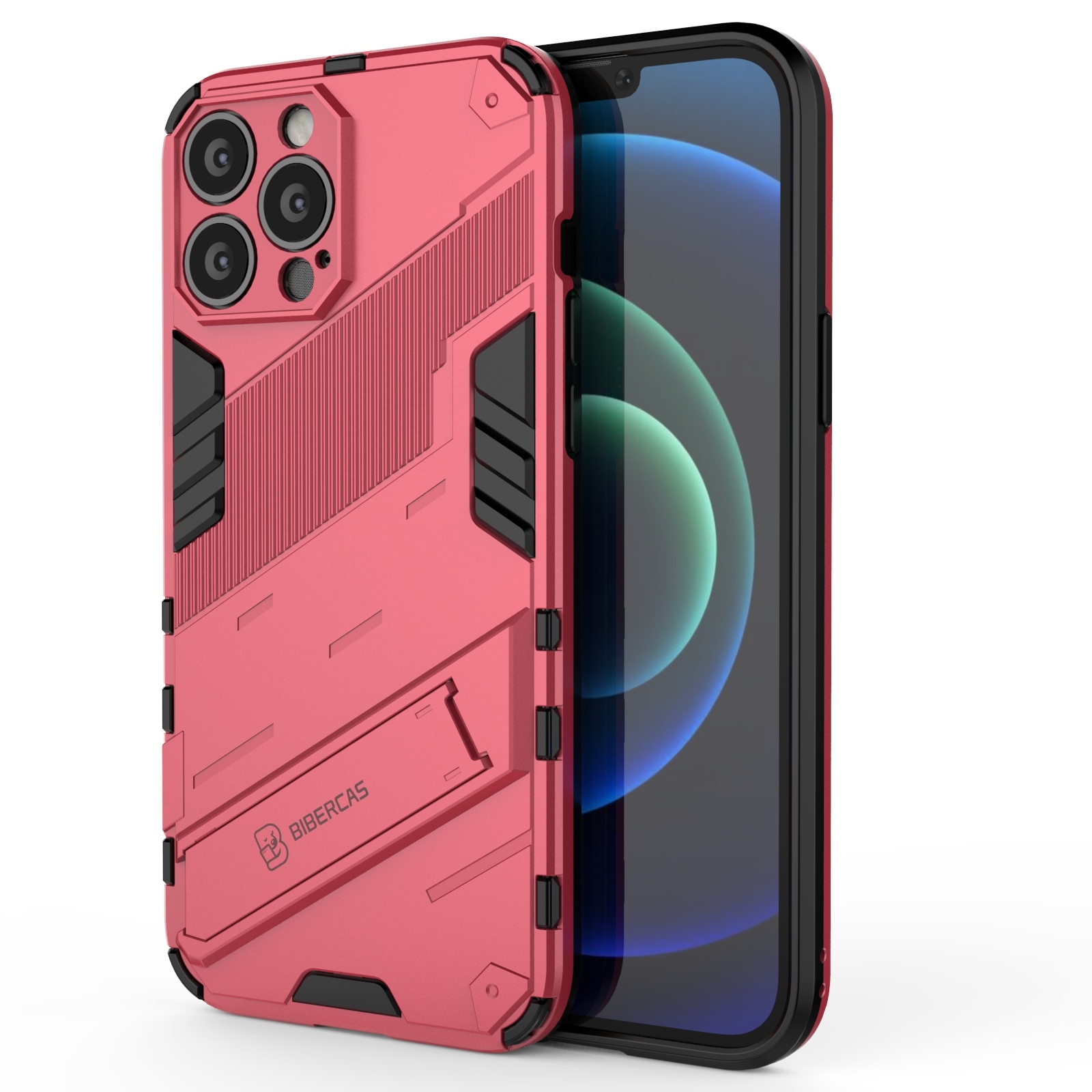For iPhone 13 Pro Max Punk Armor 2 in 1 PC + TPU Phone Case with Invisible Holder (Light Red) - Shopkiz.com
