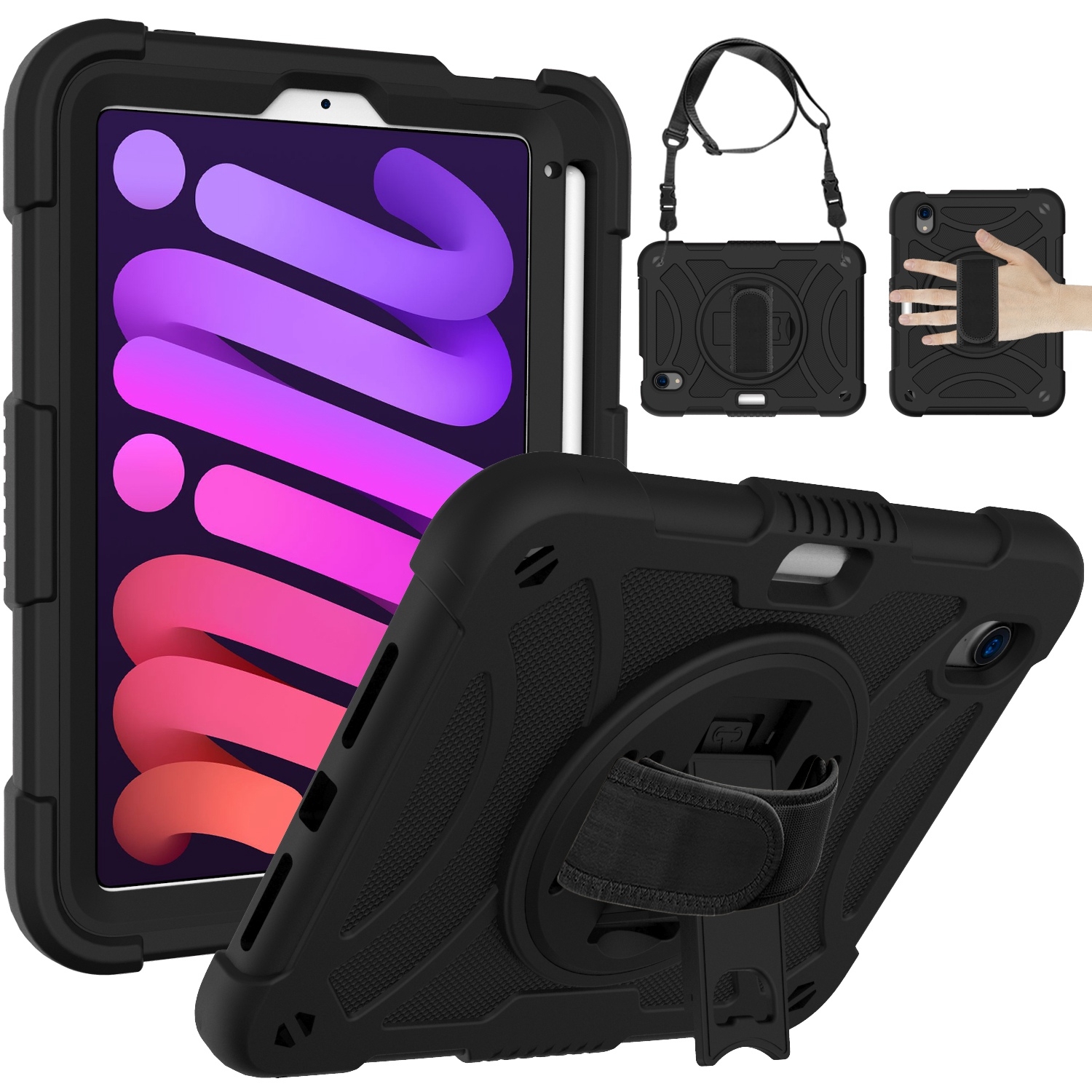 For iPad mini 6 / mini 2024 PC Hybrid Silicone Tablet Case with Holder & Hand Strap & Shoulder Strap(Black) - Shopkiz.com