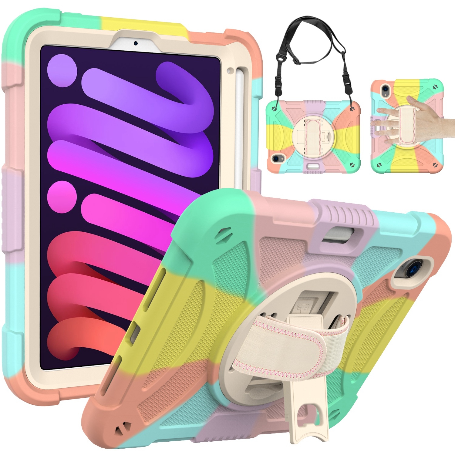 For iPad mini 6 / mini 2024 PC Hybrid Silicone Tablet Case with Holder & Hand Strap & Shoulder Strap(Colorful Rose Gold) - Shopkiz.com