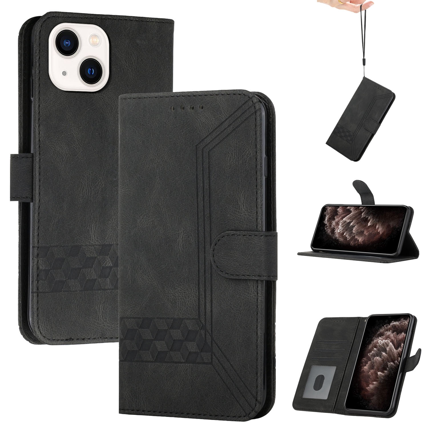 For iPhone 13 Cubic Skin Feel Flip Leather Phone Case(Black) - Shopkiz.com