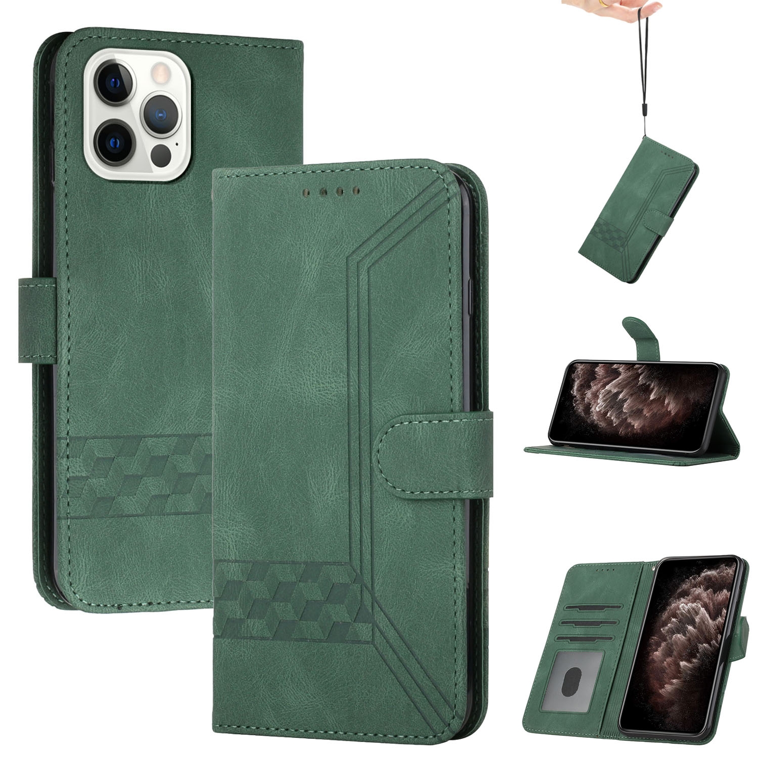 For iPhone 13 Pro Max Cubic Skin Feel Flip Leather Phone Case (Green) - Shopkiz.com