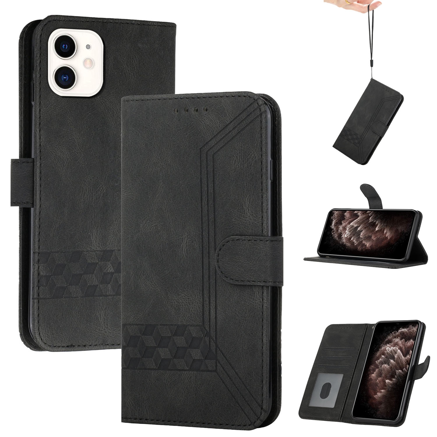 For iPhone 12 mini Cubic Skin Feel Flip Leather Phone Case (Black) - Shopkiz.com
