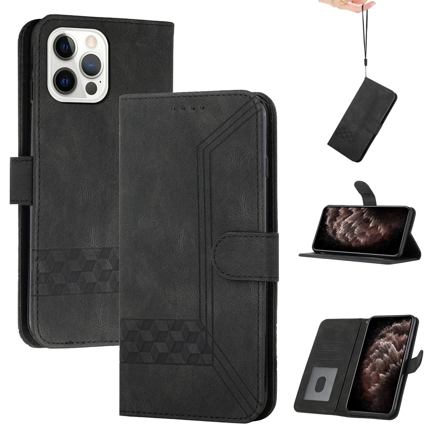 For iPhone 12 / 12 Pro Cubic Skin Feel Flip Leather Phone Case(Black) - Shopkiz.com