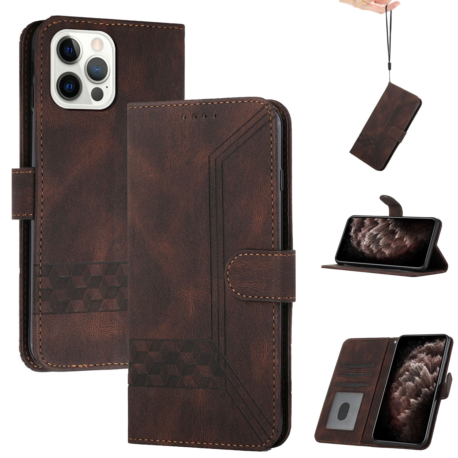 For iPhone 12 / 12 Pro Cubic Skin Feel Flip Leather Phone Case(Brown) - Shopkiz.com
