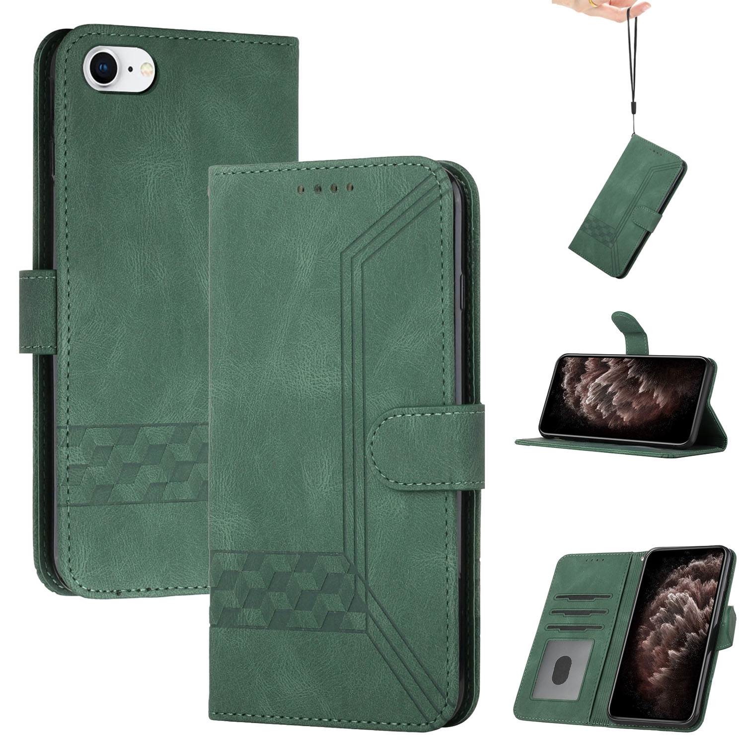 For iPhone SE 2022 / SE 2020 / 8 / 7 Cubic Skin Feel Flip Leather Phone Case(Green) - Shopkiz.com