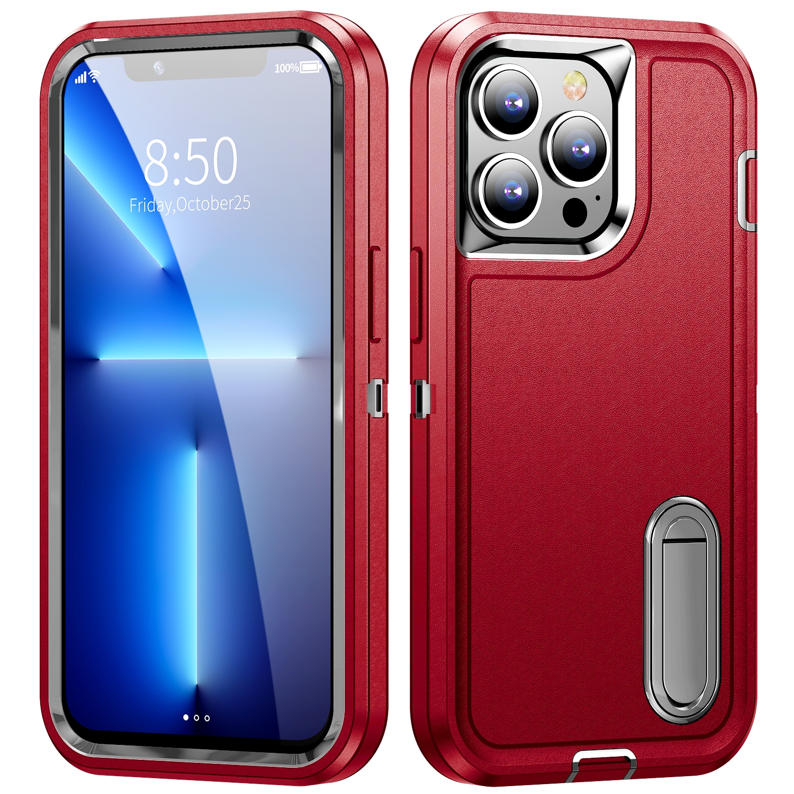 For iPhone 12 / 12 Pro 3 in 1 Rugged Holder Phone Case(Red + Black) - Shopkiz.com