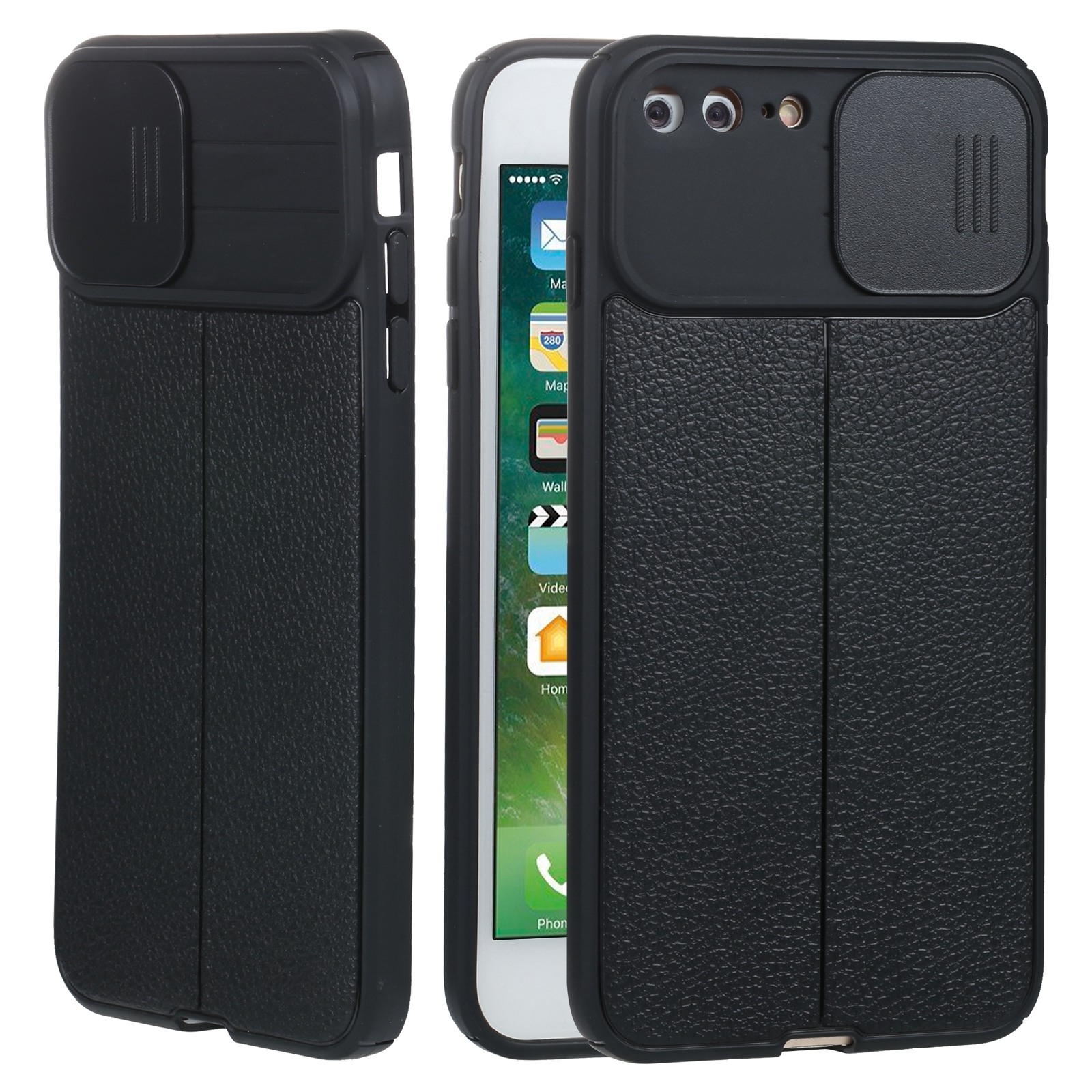 Litchi Texture Sliding Camshield TPU Protective Phone Case For iPhone 8 Plus & 7 Plus(Black) - Shopkiz.com