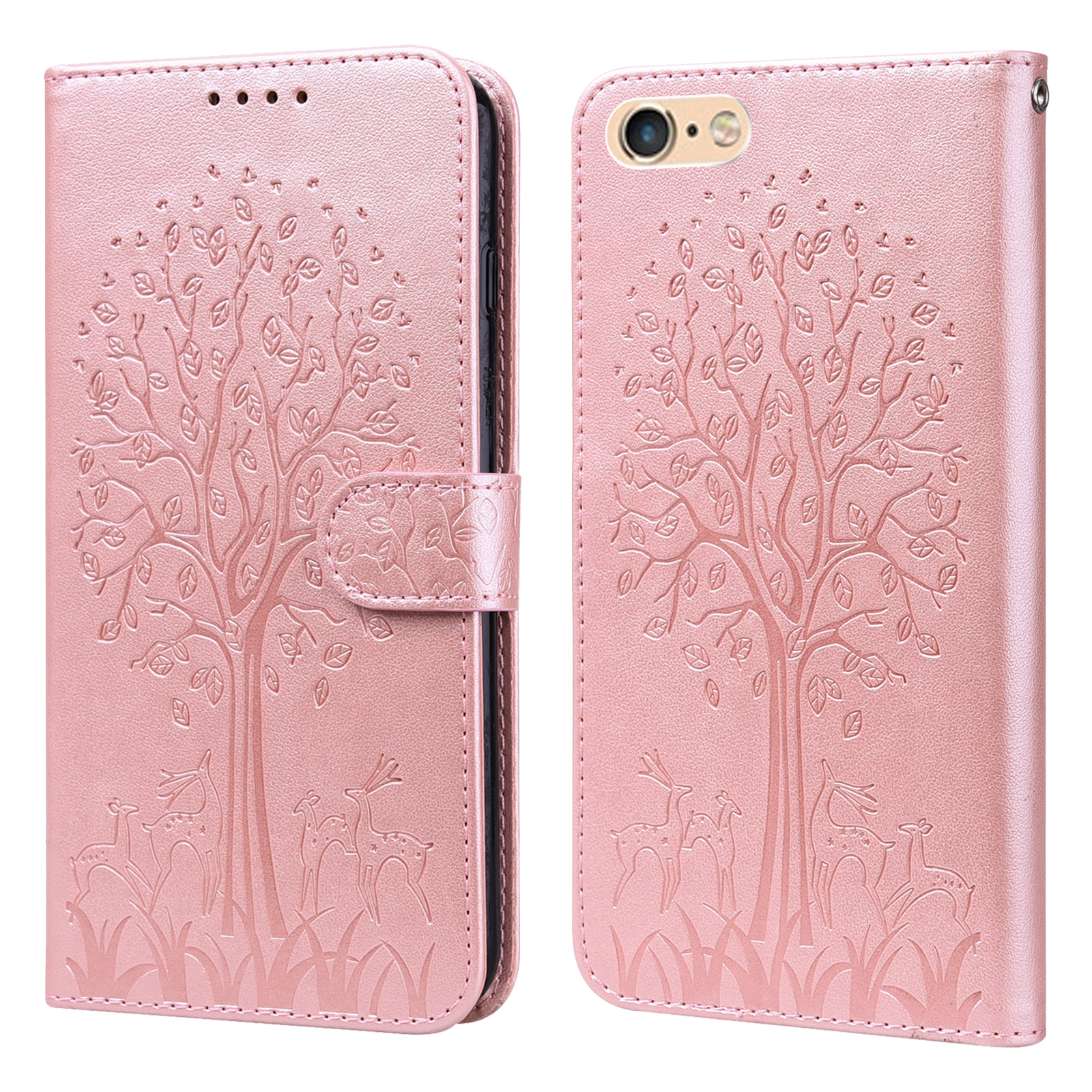 For iPhone SE 2022 / 7 / 8 / SE 2020 Tree & Deer Pattern Pressed Printing Horizontal Flip Leather Phone Case(Pink) - Shopkiz.com