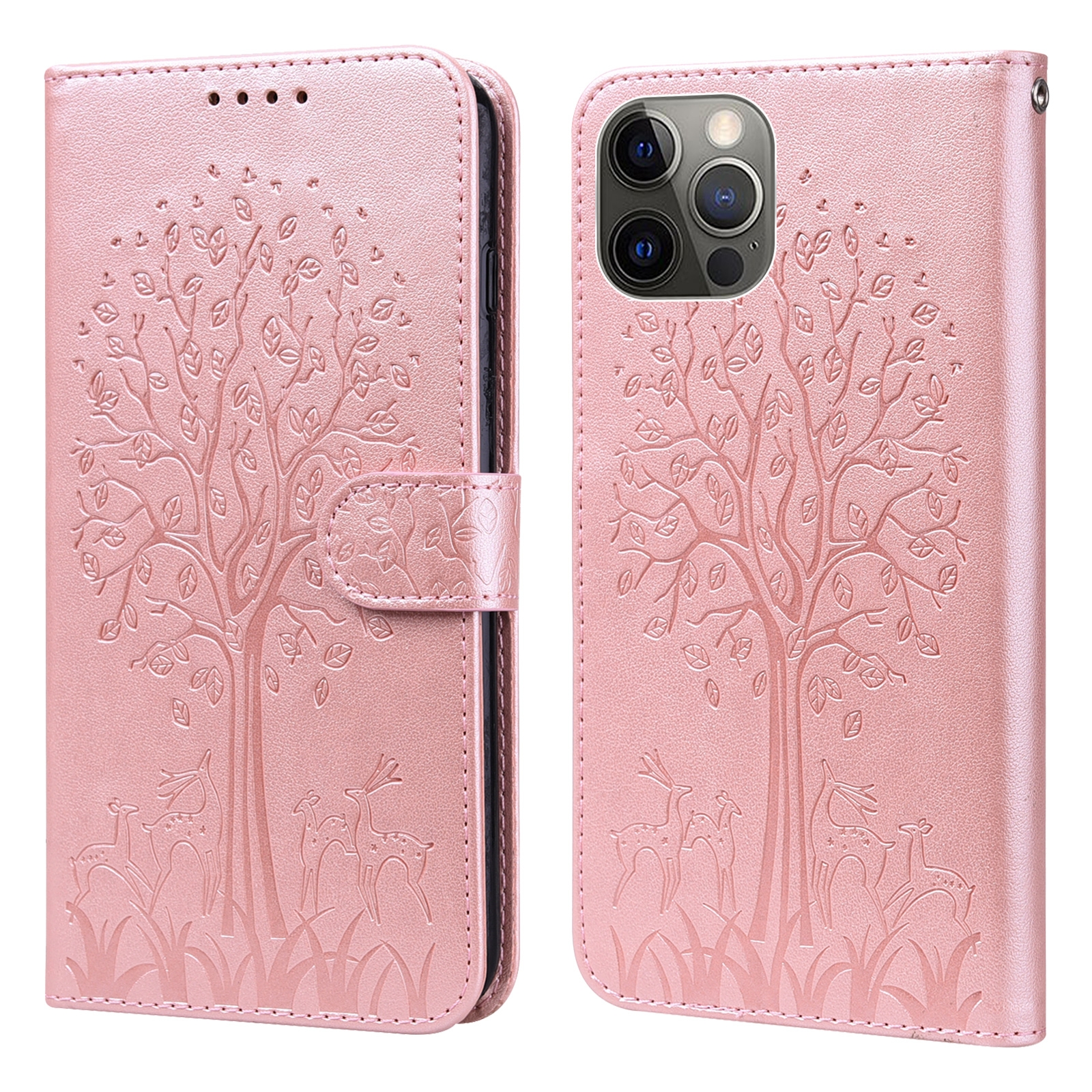 For iPhone 11 Pro Tree & Deer Pattern Pressed Printing Horizontal Flip Leather Phone Case (Pink) - Shopkiz.com