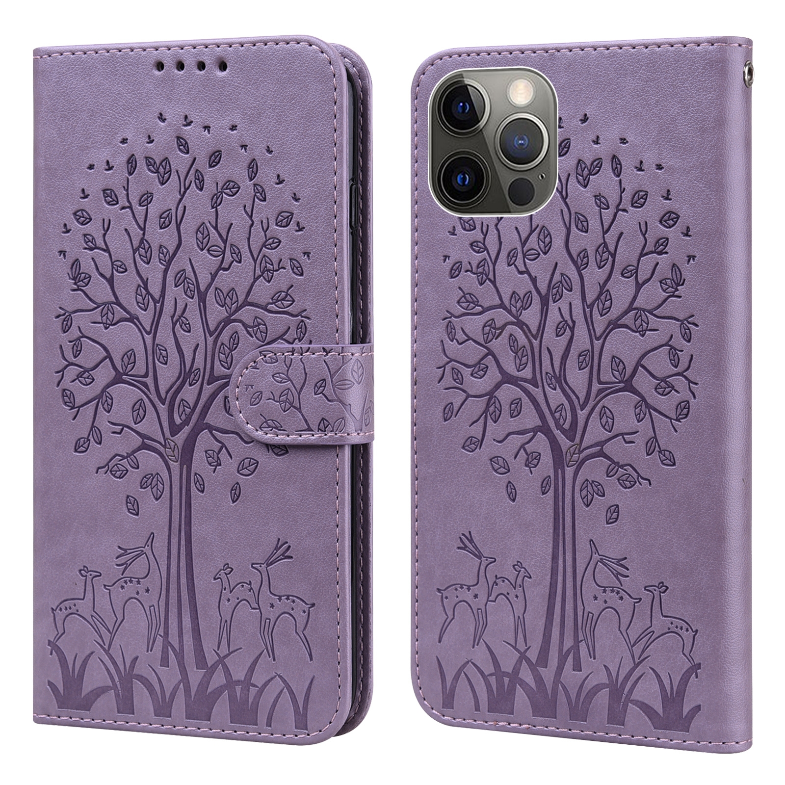 For iPhone 11 Pro Max Tree & Deer Pattern Pressed Printing Horizontal Flip Leather Phone Case (Purple) - Shopkiz.com