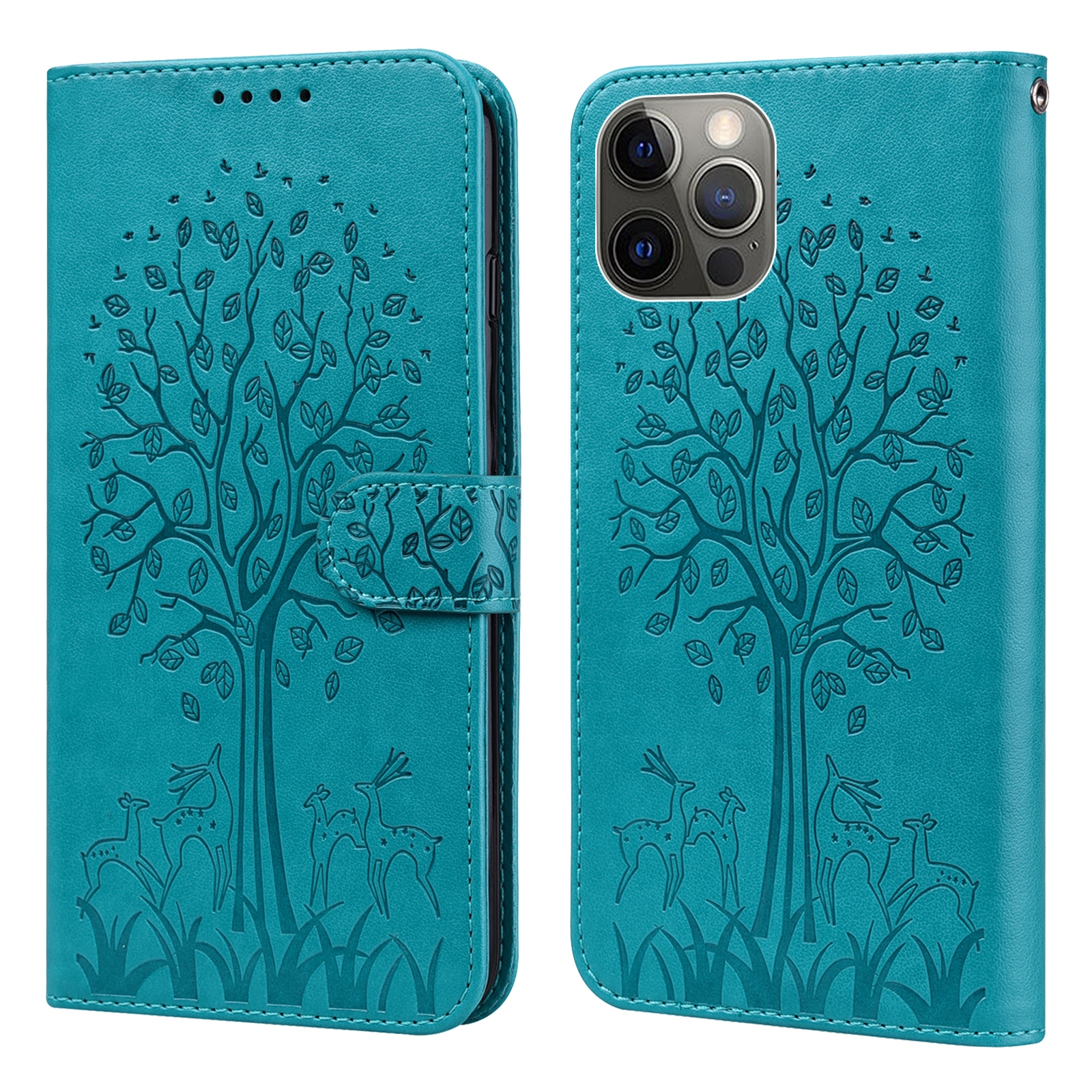 For iPhone 11 Pro Max Tree & Deer Pattern Pressed Printing Horizontal Flip Leather Phone Case (Blue) - Shopkiz.com