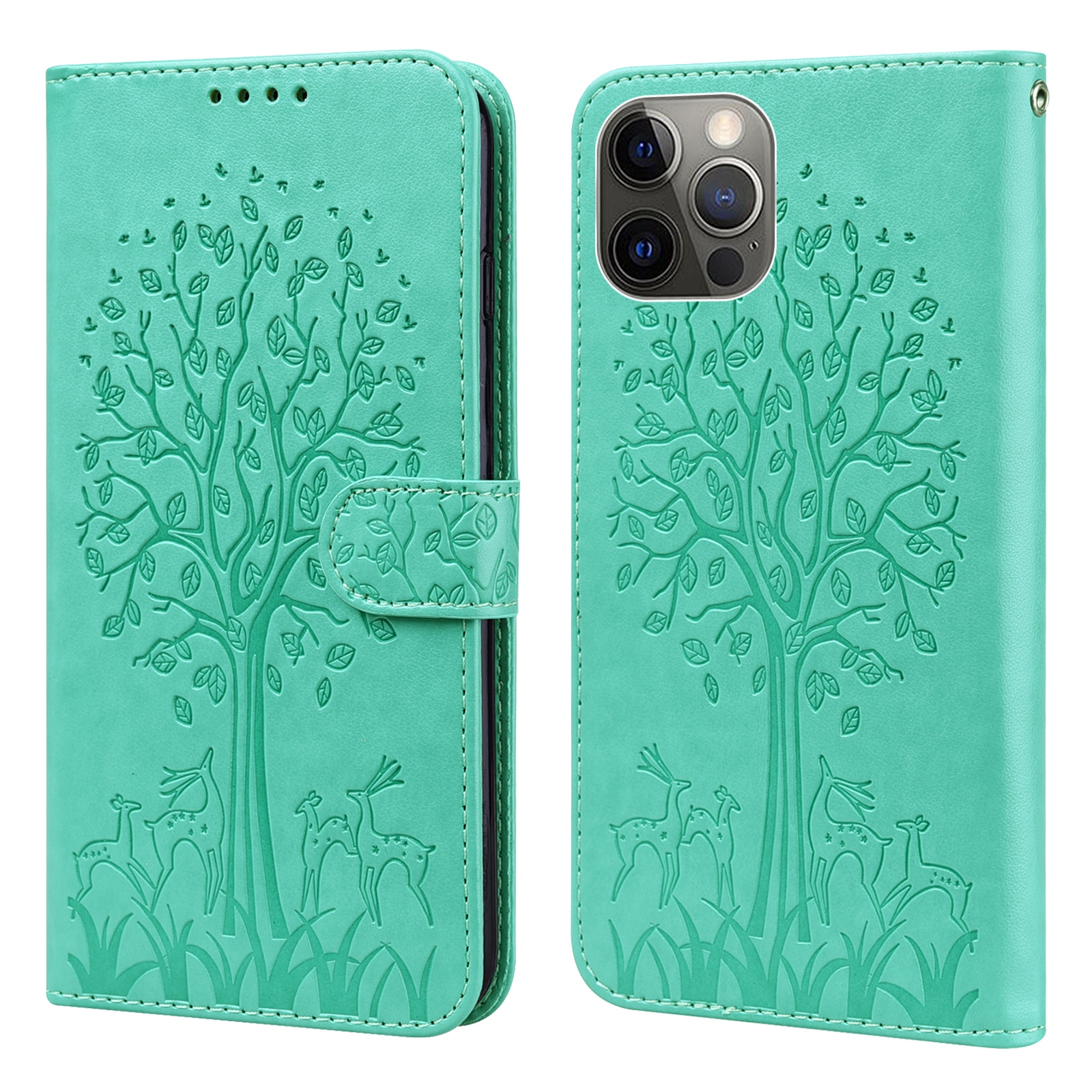 For iPhone 13 Pro Tree & Deer Pattern Pressed Printing Horizontal Flip Leather Phone Case (Green) - Shopkiz.com