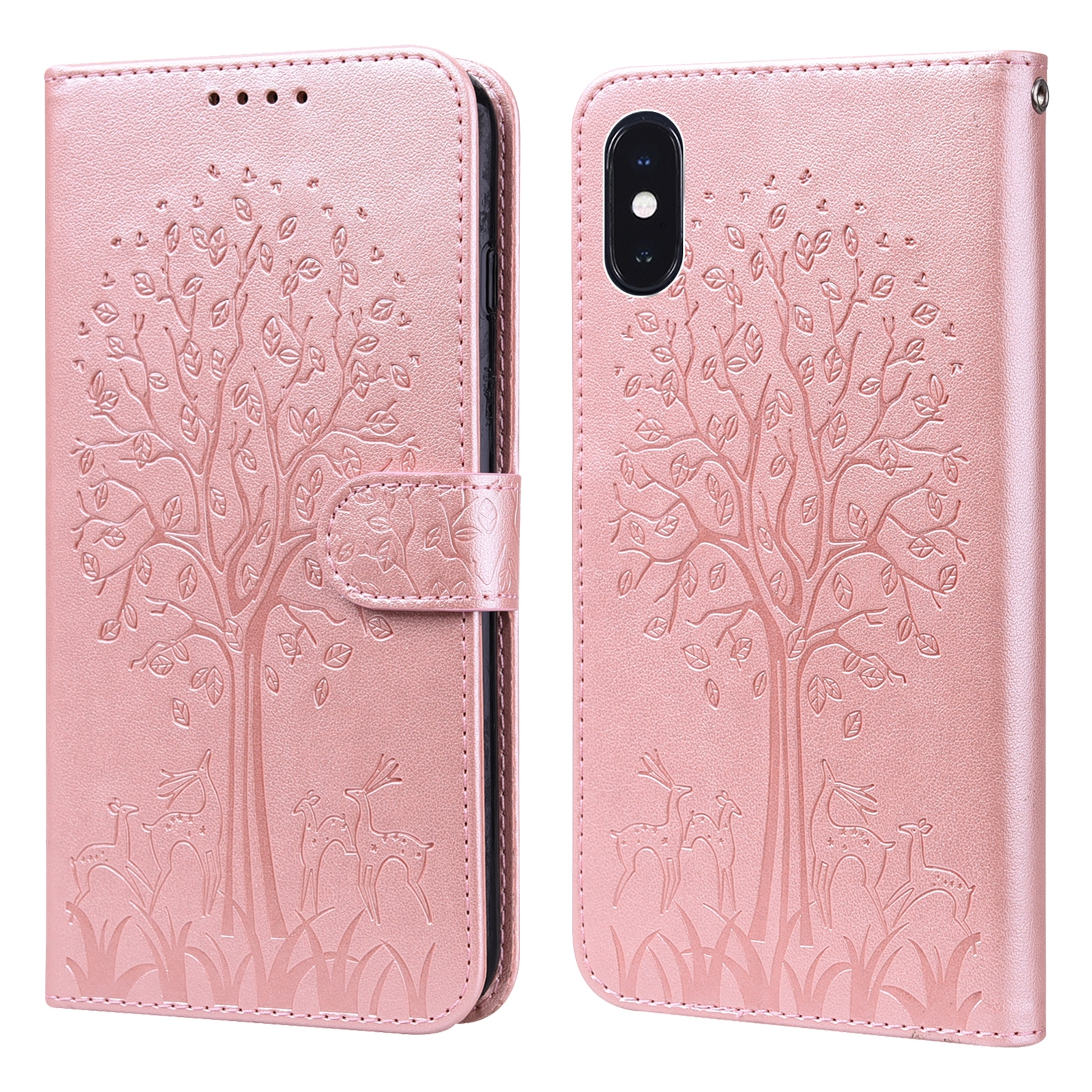 For iPhone XR Tree & Deer Pattern Pressed Printing Horizontal Flip Leather Phone Case(Pink) - Shopkiz.com