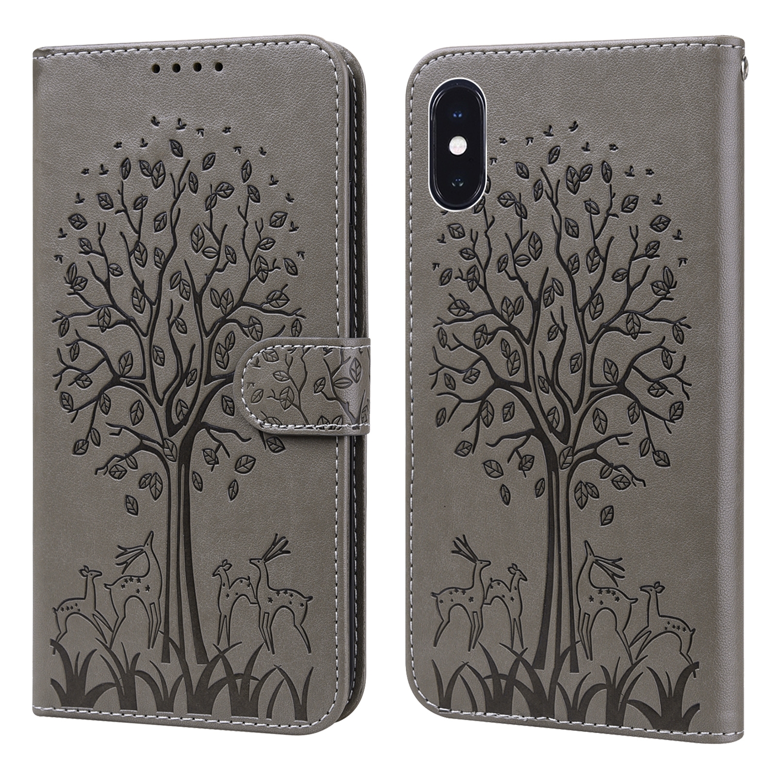 For iPhone XR Tree & Deer Pattern Pressed Printing Horizontal Flip Leather Phone Case(Grey) - Shopkiz.com