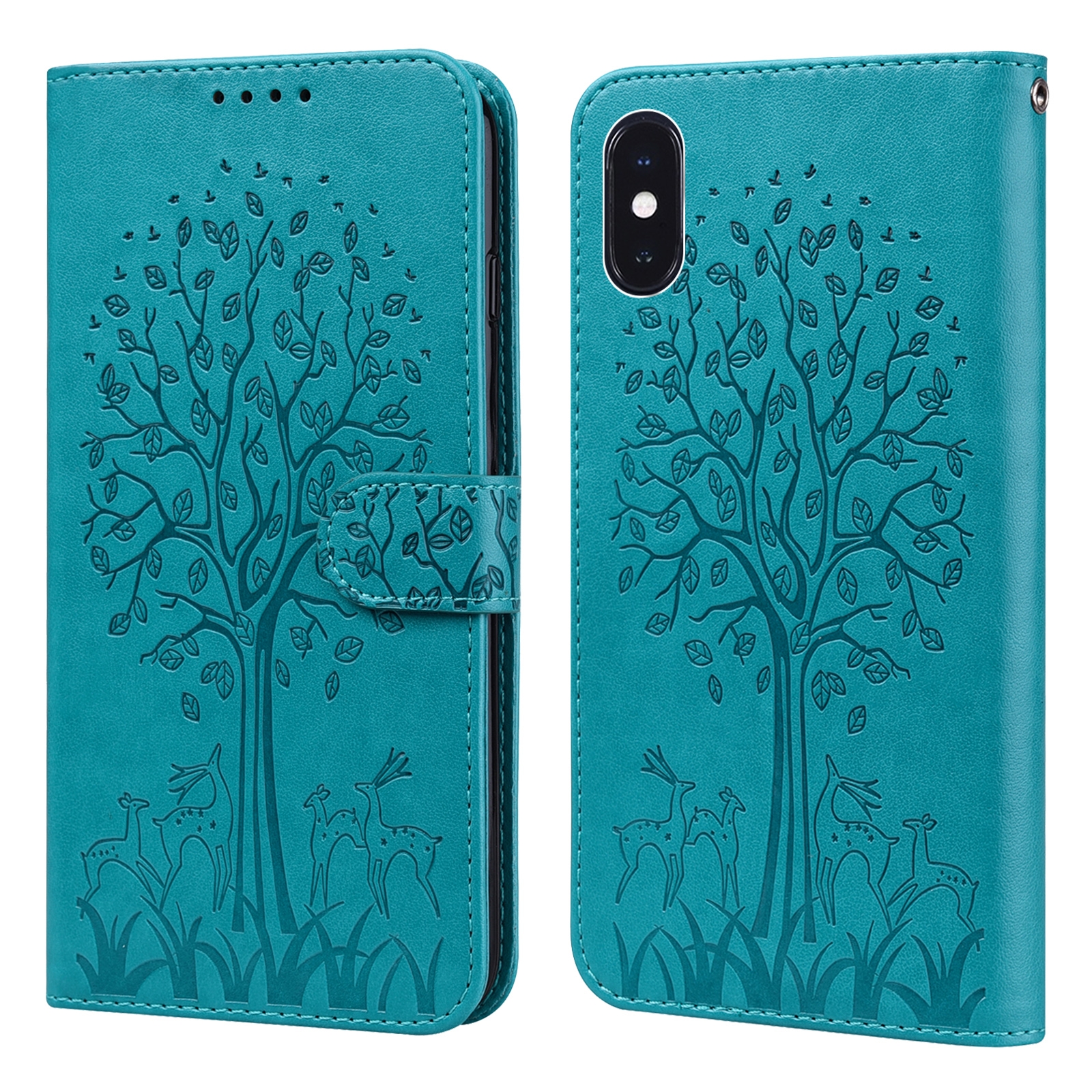 For iPhone XR Tree & Deer Pattern Pressed Printing Horizontal Flip Leather Phone Case(Blue) - Shopkiz.com