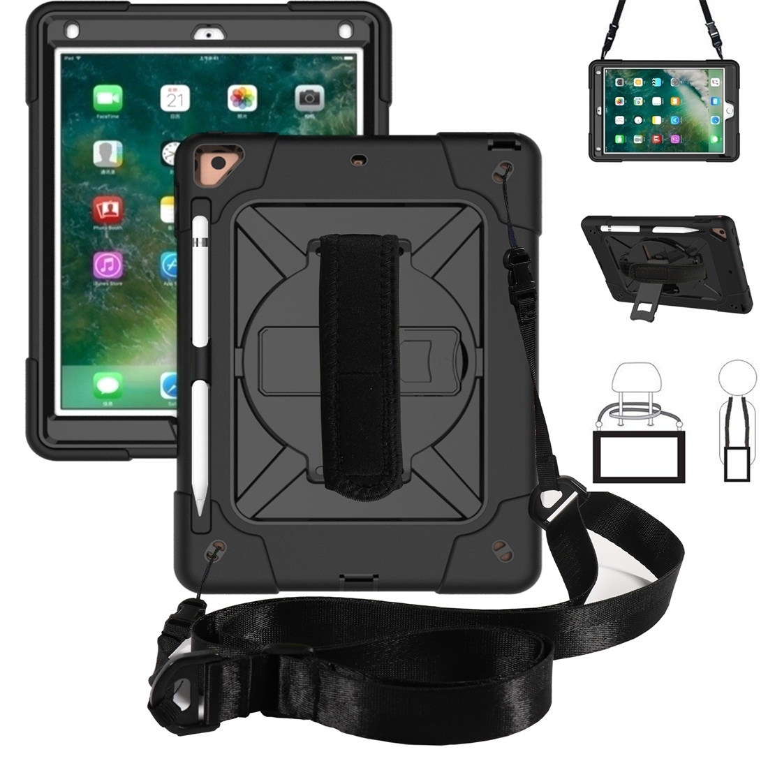 For iPad 9.7 Contrast Color Silicone + PC Combination Case with Holder(Black) - Shopkiz.com
