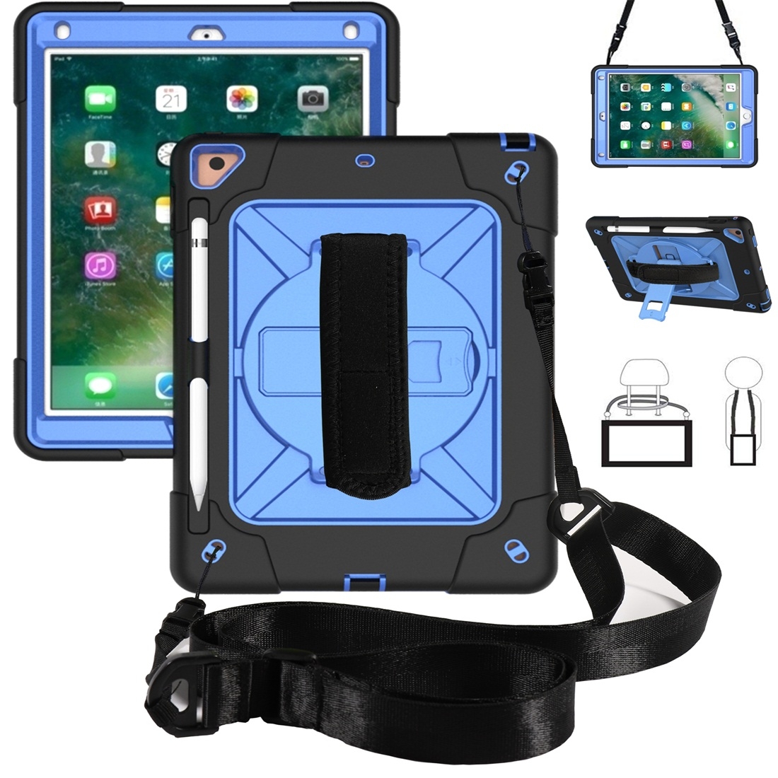 For iPad 9.7 Contrast Color Silicone + PC Combination Case with Holder(Black + Blue) - Shopkiz.com