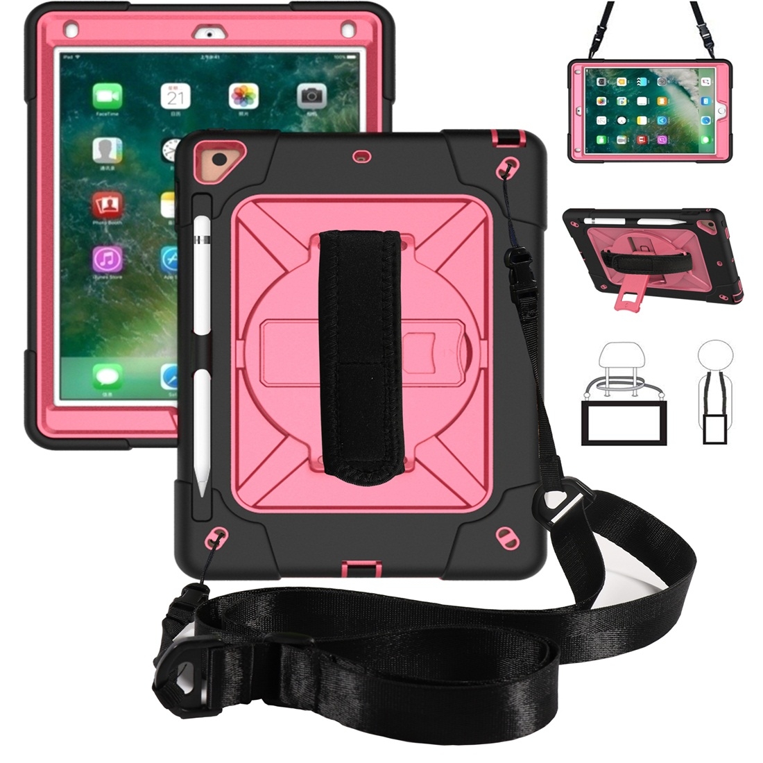 For iPad 9.7 Contrast Color Silicone + PC Combination Case with Holder(Black + Rose Red) - Shopkiz.com