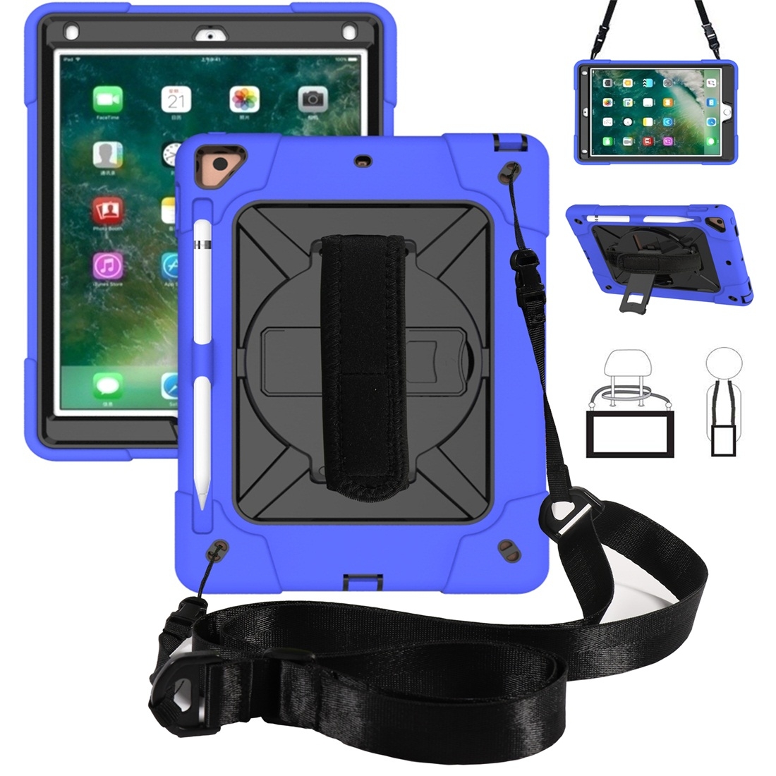 For iPad 9.7 Contrast Color Silicone + PC Combination Case with Holder(Dark Blue + Black) - Shopkiz.com