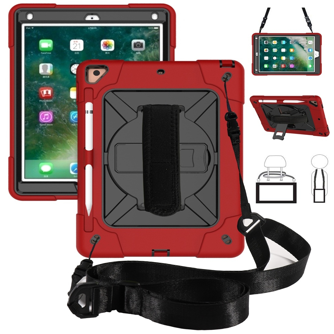 For iPad 9.7 Contrast Color Silicone + PC Combination Case with Holder(Red + Black) - Shopkiz.com