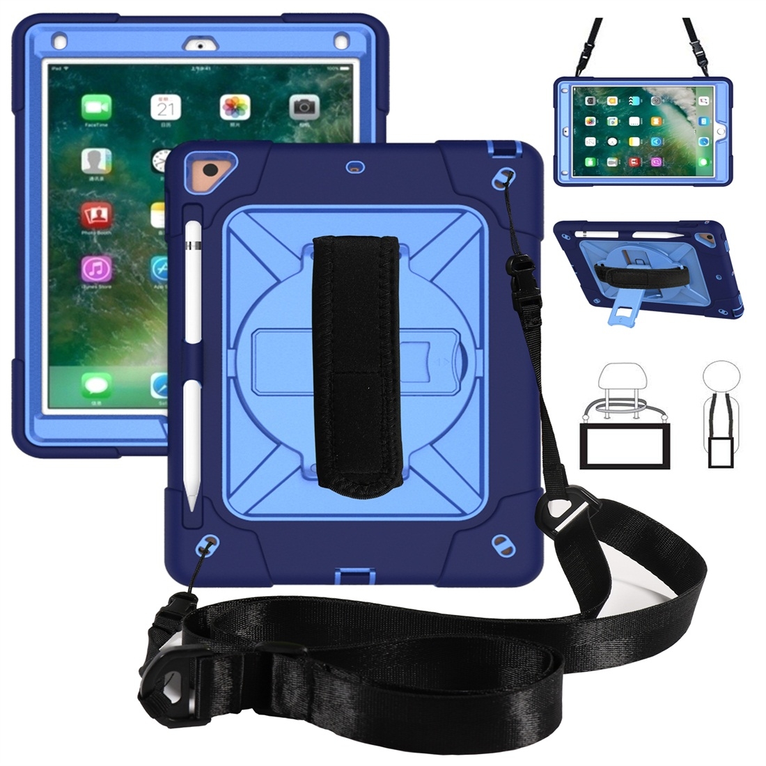For iPad 9.7 Contrast Color Silicone + PC Combination Case with Holder(Navy Blue + Blue) - Shopkiz.com