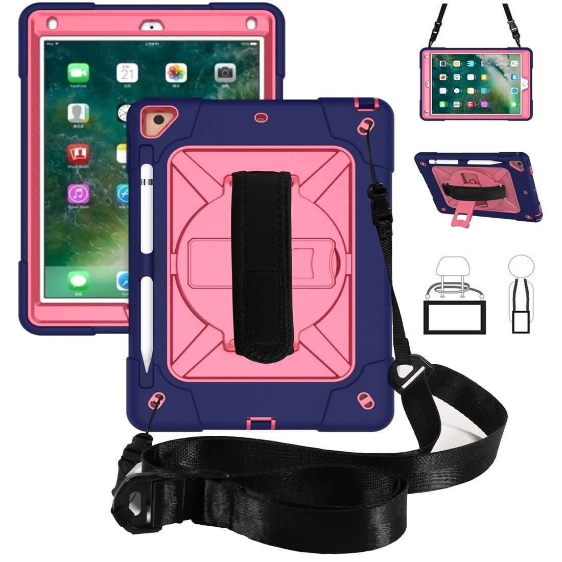 For iPad 9.7 Contrast Color Silicone + PC Combination Case with Holder(Navy Blue + Rose Red) - Shopkiz.com
