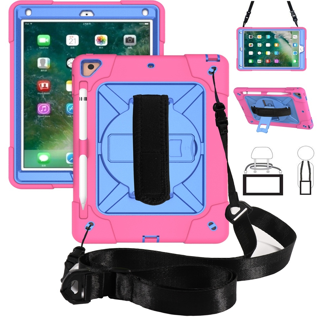 For iPad 9.7 Contrast Color Silicone + PC Combination Case with Holder(Rose Red + Blue) - Shopkiz.com