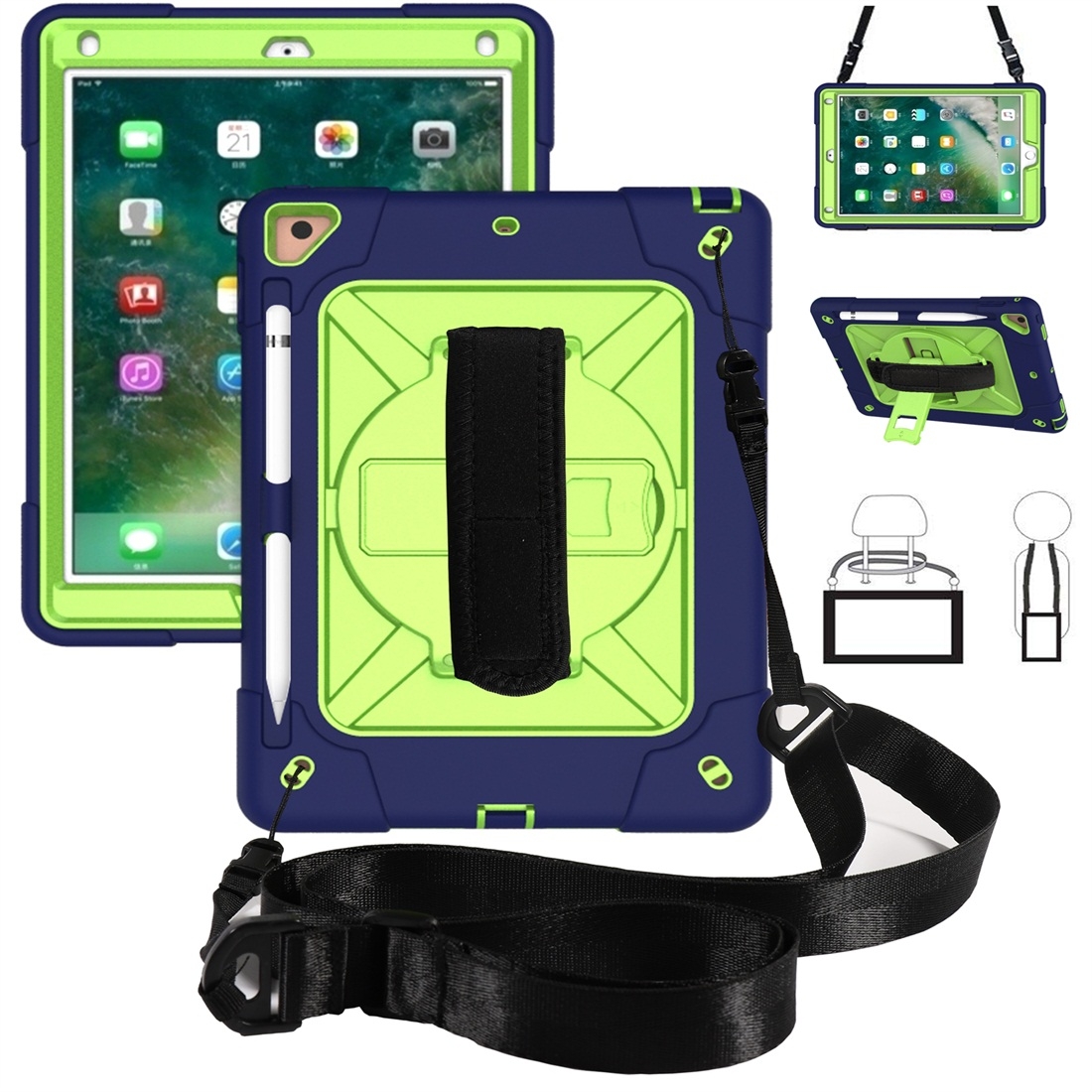 For iPad 9.7 Contrast Color Silicone + PC Combination Case with Holder(Navy Blue + Olivine) - Shopkiz.com