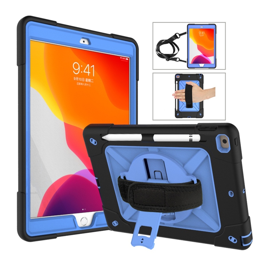 For iPad 10.2 Contrast Color Silicone + PC Combination Case with Holder(Black + Blue) - Shopkiz.com