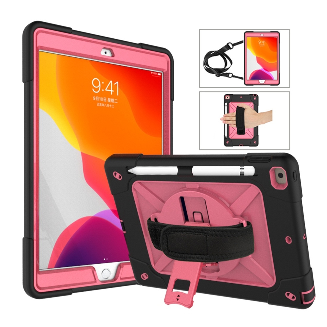 For iPad 10.2 Contrast Color Silicone + PC Combination Case with Holder(Black + Rose Red) - Shopkiz.com
