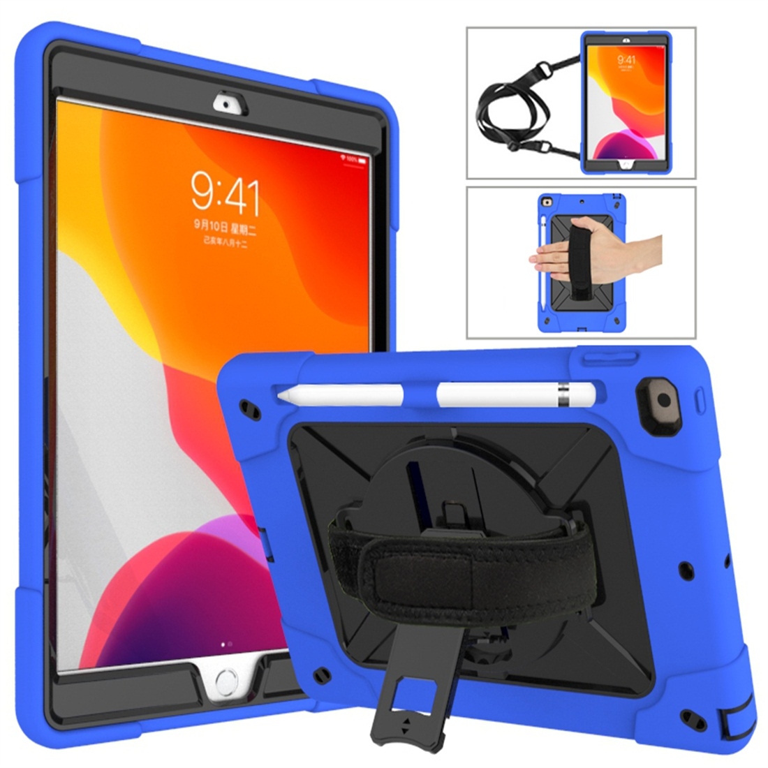 For iPad 10.2 Contrast Color Silicone + PC Combination Case with Holder(Dark Blue + Black) - Shopkiz.com