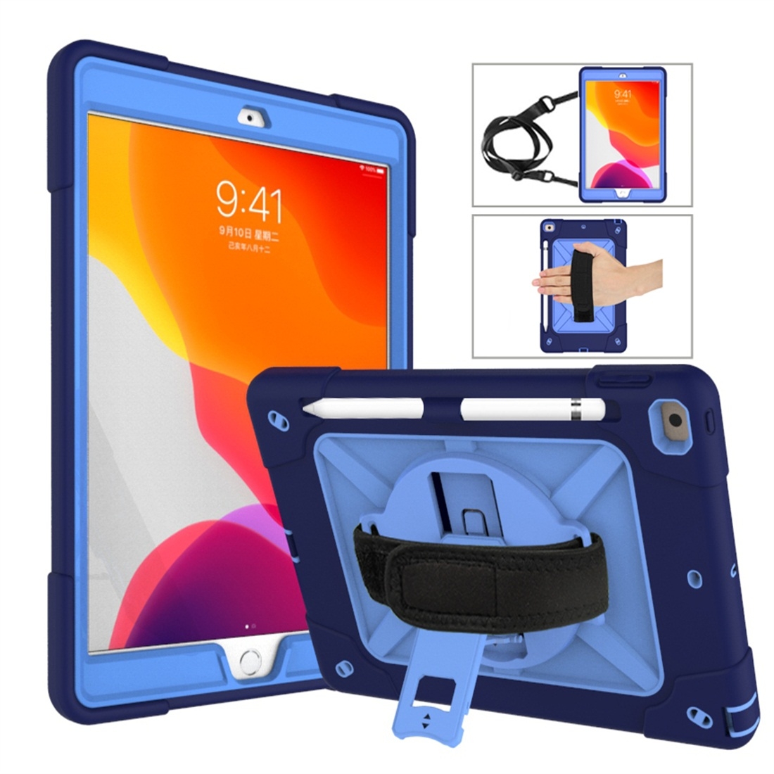 For iPad 10.2 Contrast Color Silicone + PC Combination Case with Holder(Navy Blue + Blue) - Shopkiz.com