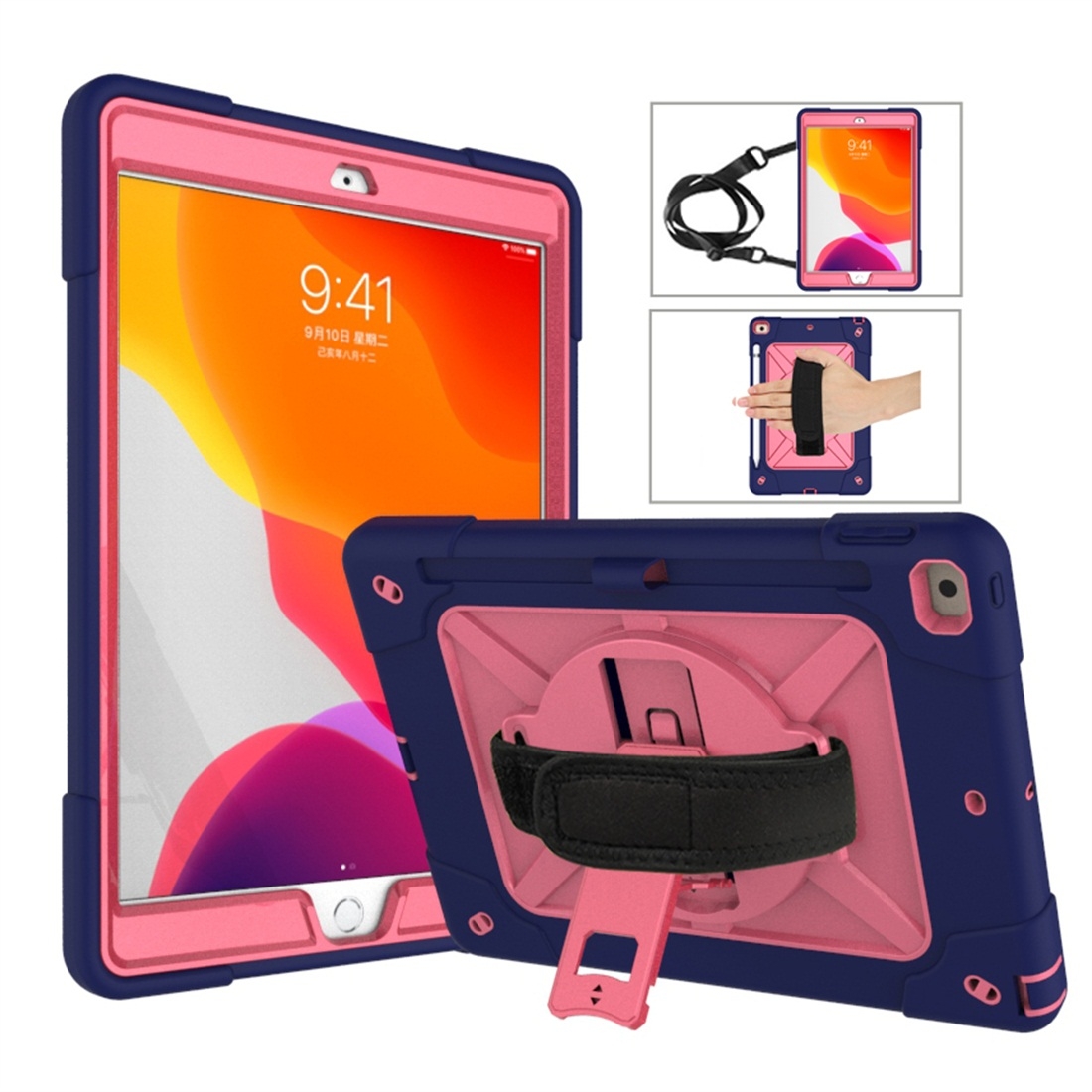 For iPad 10.2 Contrast Color Silicone + PC Combination Case with Holder(Navy Blue + Rose Red) - Shopkiz.com