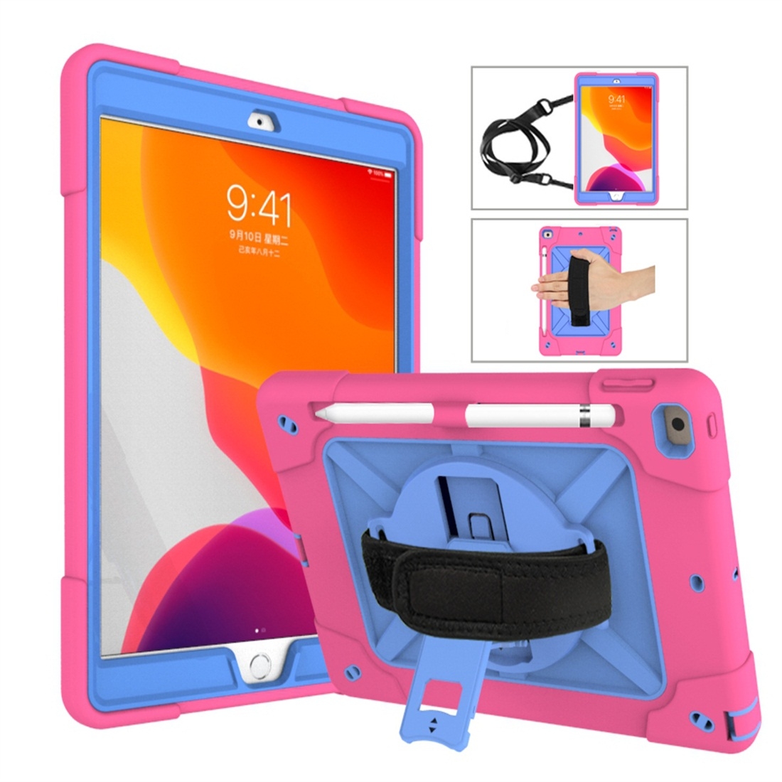 For iPad 10.2 Contrast Color Silicone + PC Combination Case with Holder(Rose Red + Blue) - Shopkiz.com