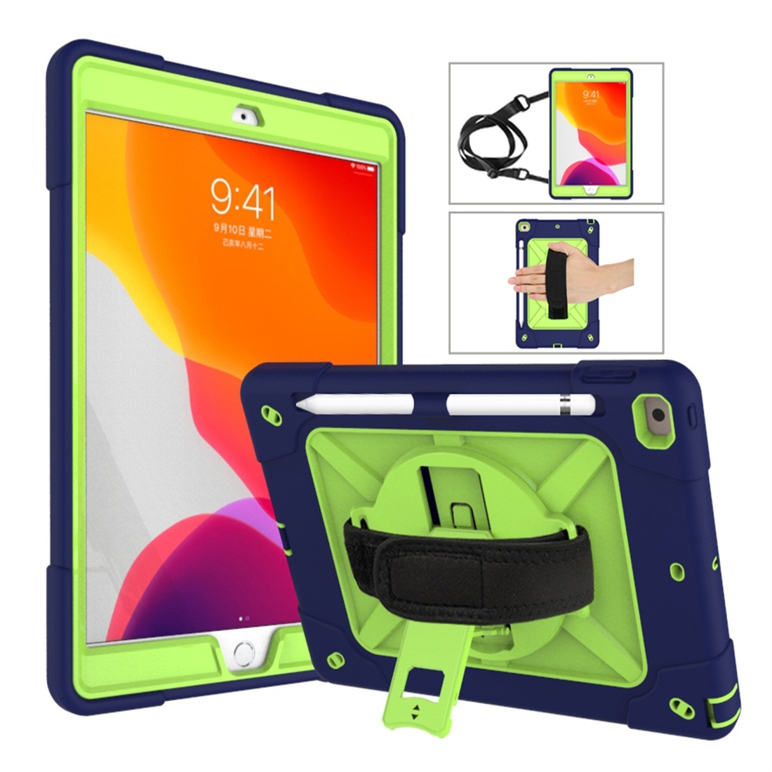 For iPad 10.2 Contrast Color Silicone + PC Combination Case with Holder(Navy Blue + Olivine) - Shopkiz.com