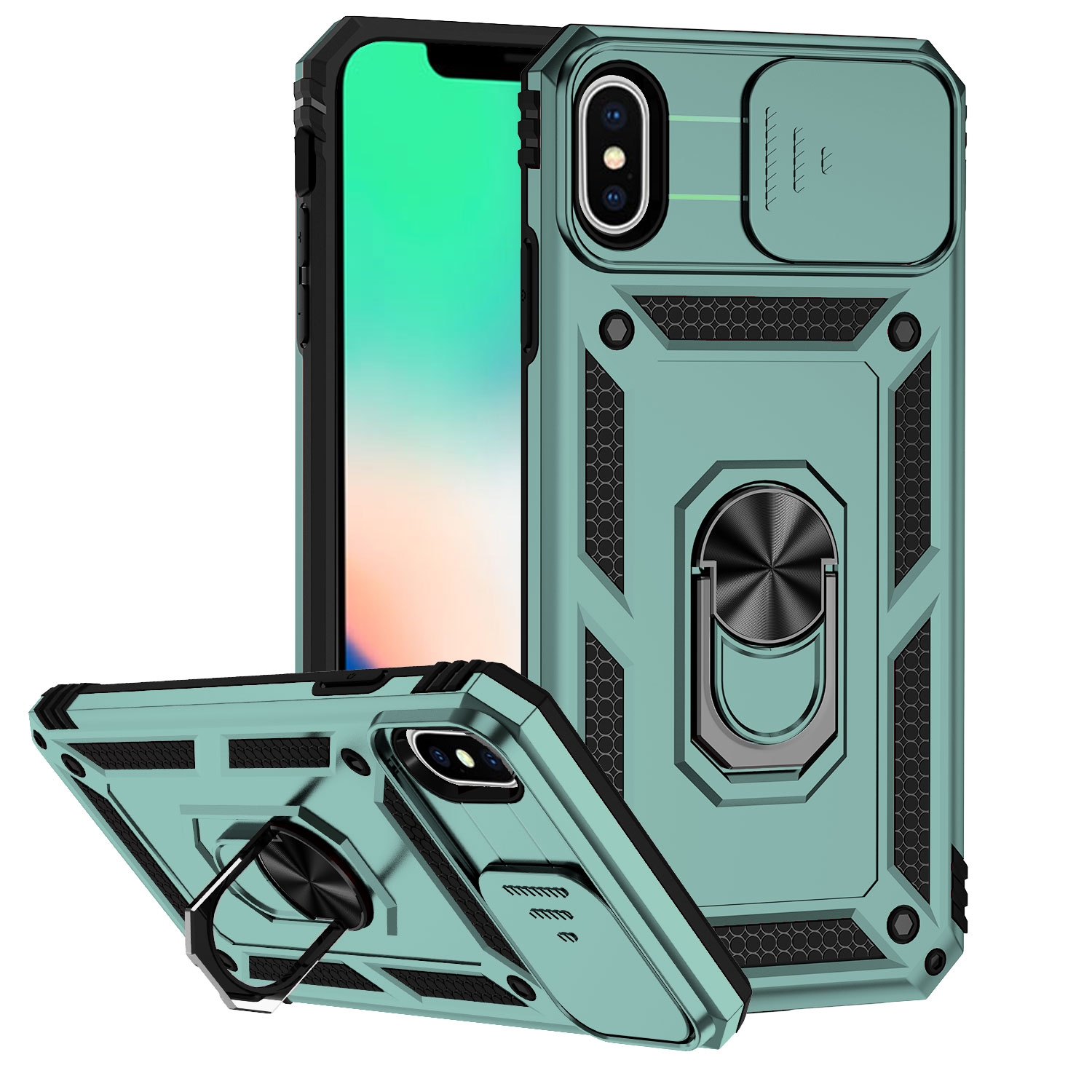 For iPhone X / XS Sliding Camshield Holder Phone Case(Dark Green) - Shopkiz.com