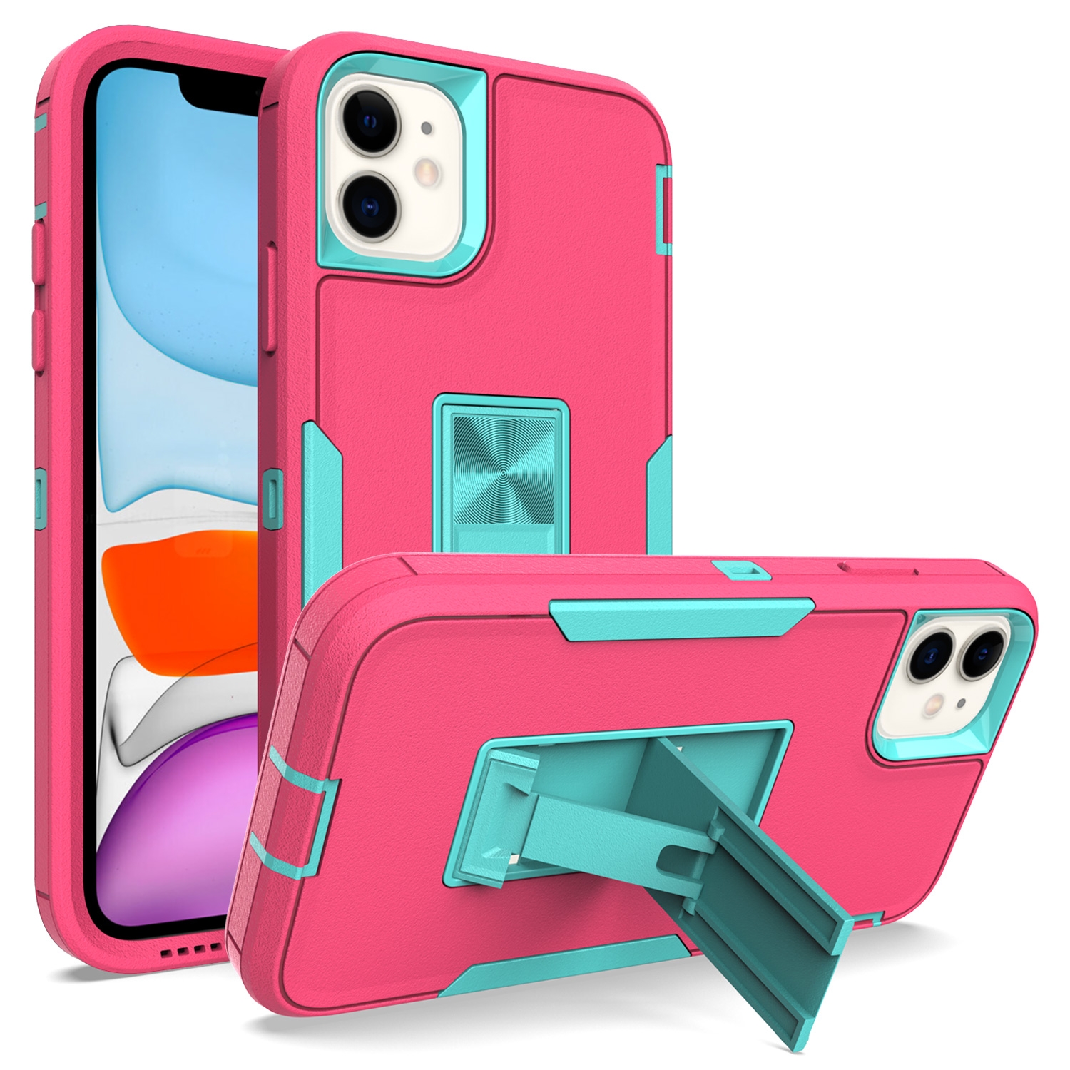 For iPhone 12 mini Magnetic Holder Phone Case (Rose Red + Blue-green) - Shopkiz.com