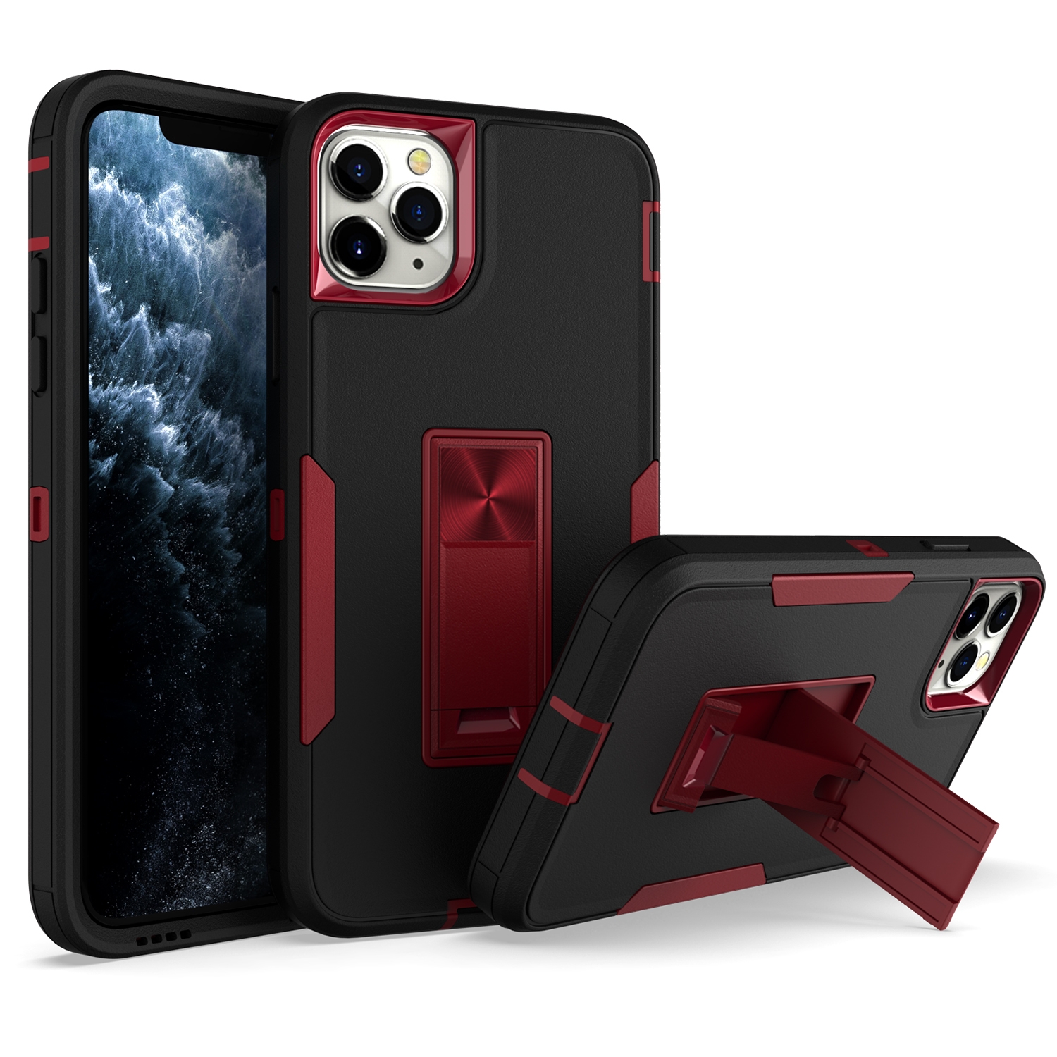For iPhone 12 Pro Magnetic Holder Phone Case(Black + Wine Red) - Shopkiz.com