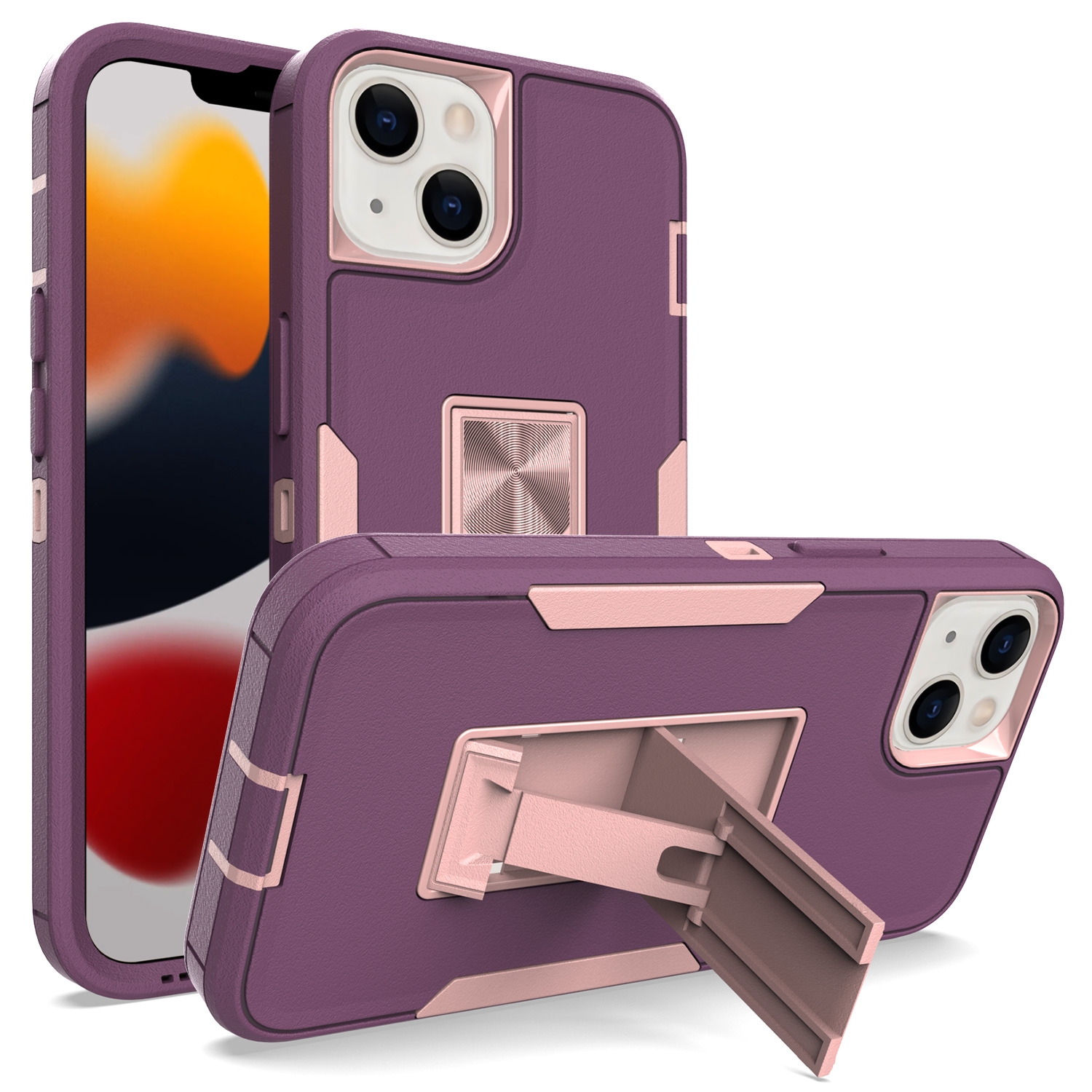 For iPhone 13 Magnetic Holder Phone Case(Purple Red + Rose Gold) - Shopkiz.com