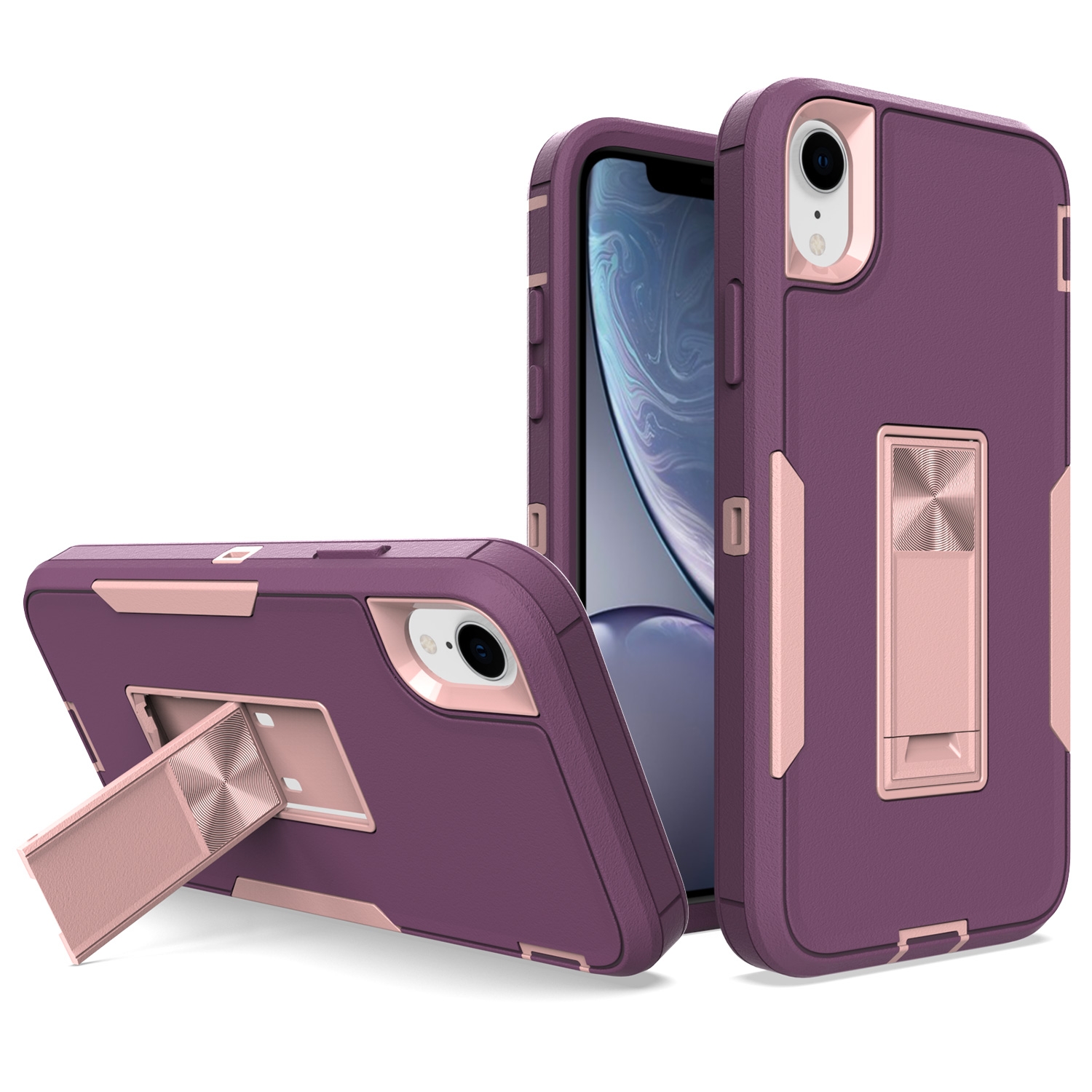 For iPhone XR Magnetic Holder Phone Case(Purple Red + Rose Gold) - Shopkiz.com