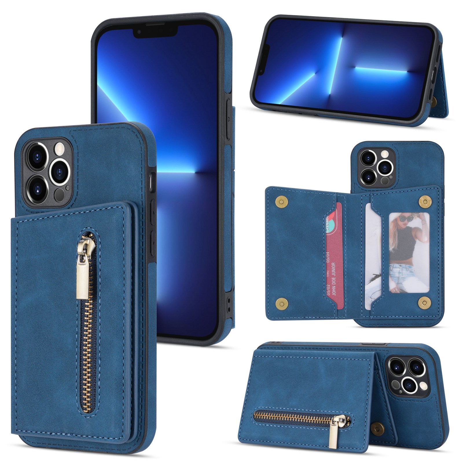 For iPhone 12 Pro Zipper Card Holder Phone Case(Blue) - Shopkiz.com
